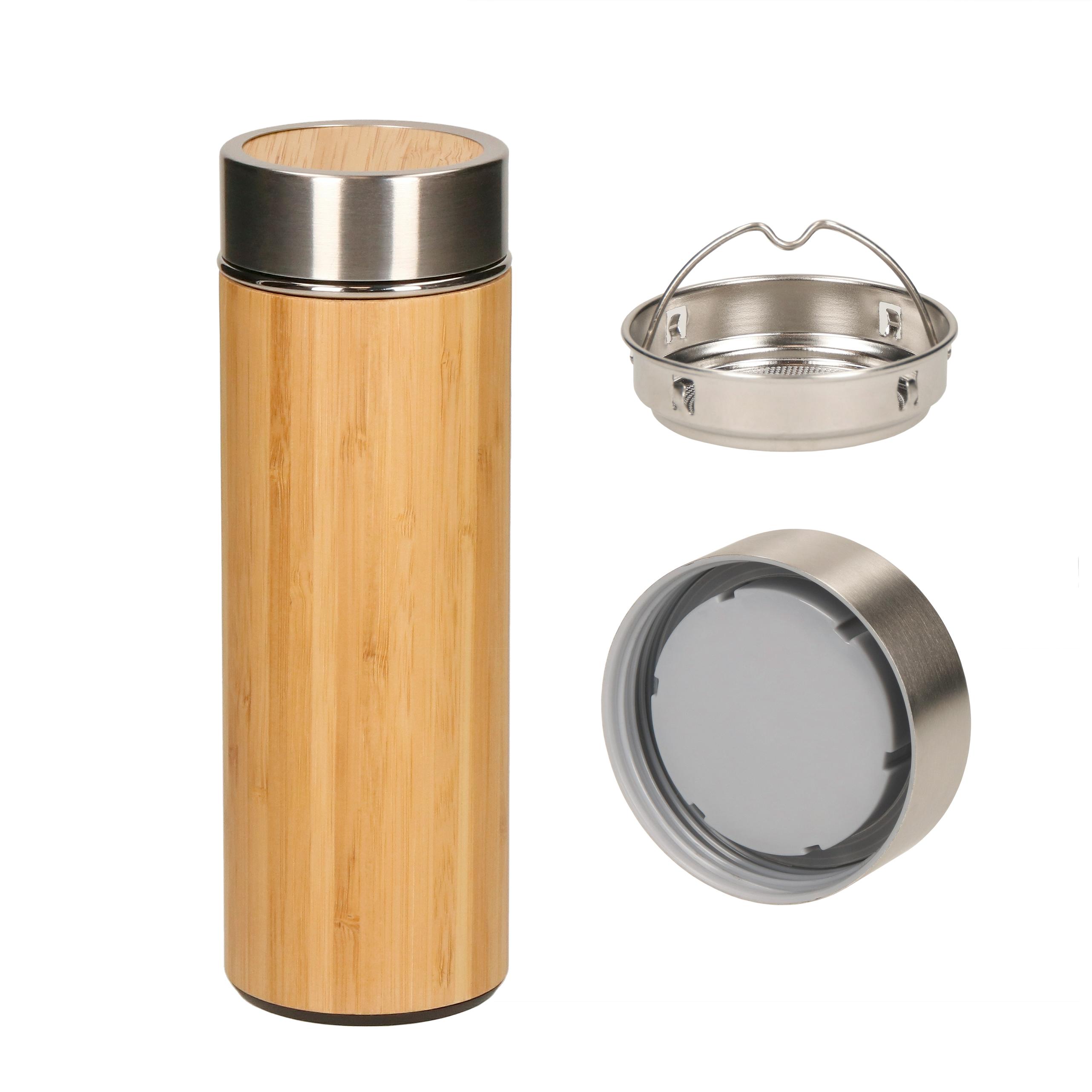 Vakuum-Isolierflasche Edelstahl mit Bambus, 0,35 l, bedruckbar
