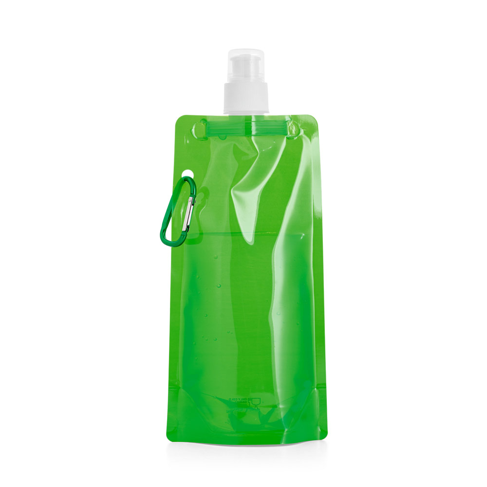 Faltflasche PE 460 ml bedruckbar – Trinkflasche mit Karabiner & Push-Pull