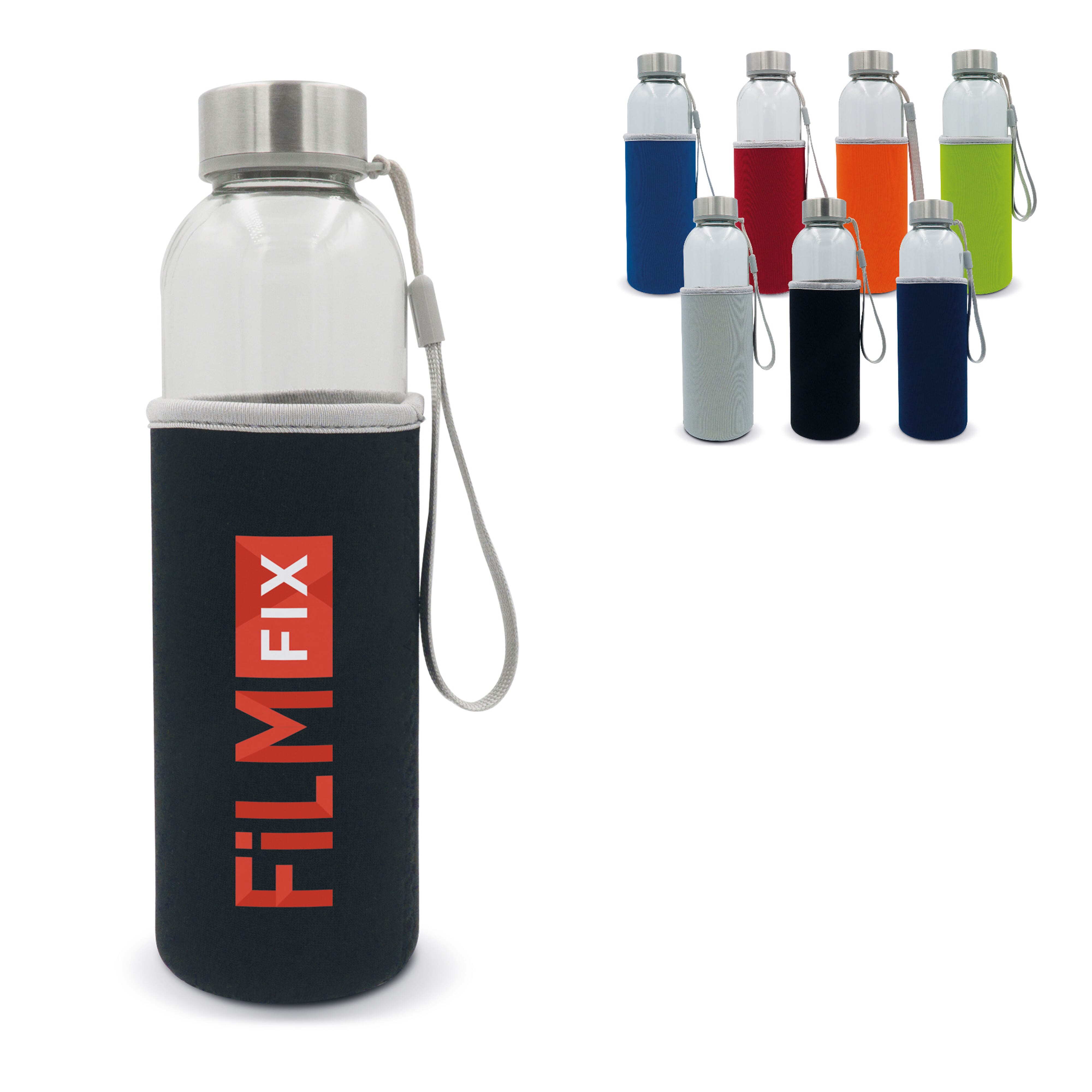 Glas-Trinkflasche mit Neoprenhülle 500ml – bedruckbar als Werbeartikel