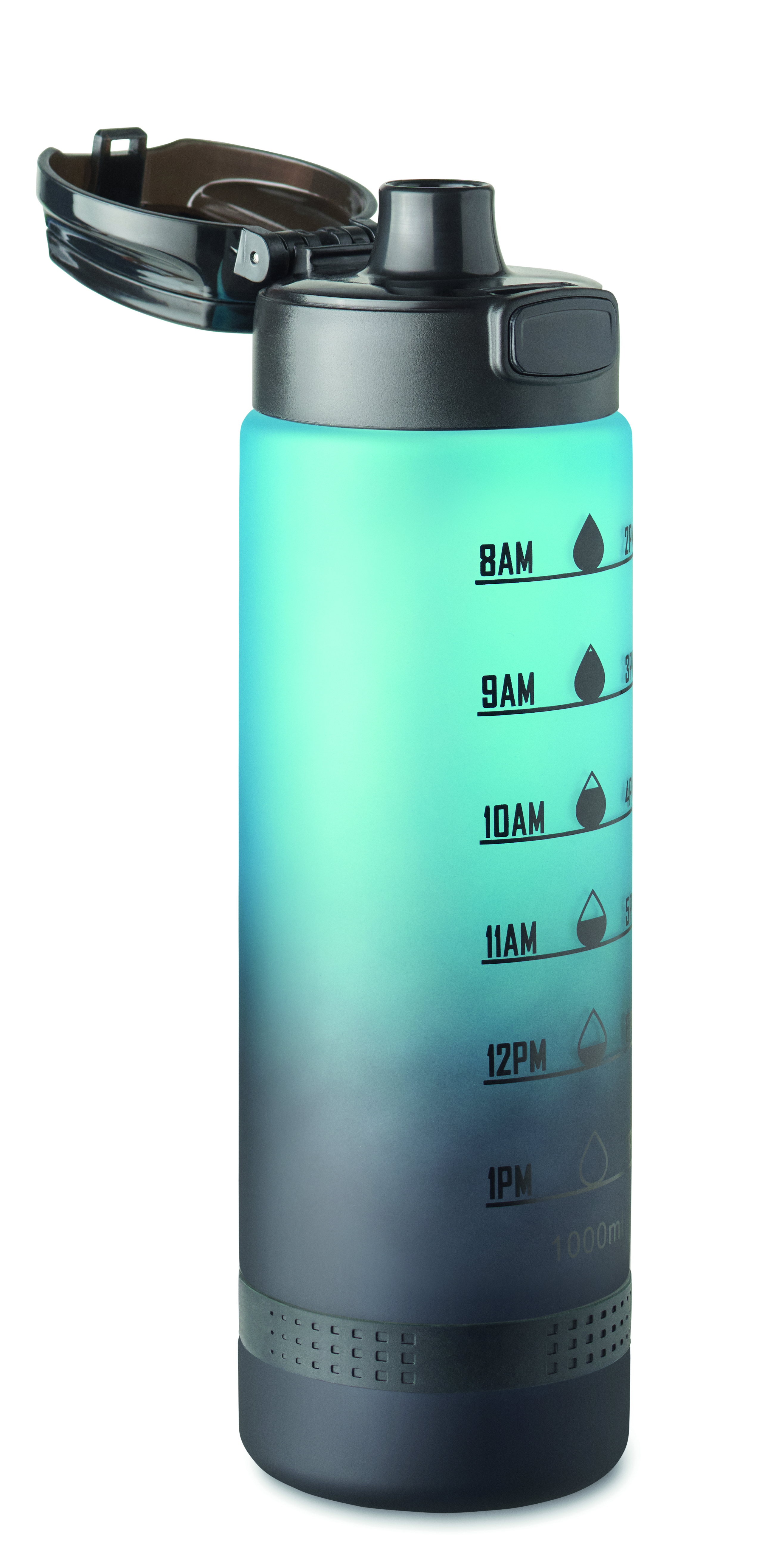 Sport-Trinkflasche RPET 1L LEVEL mit Zeitmarkierung & Flip-Top