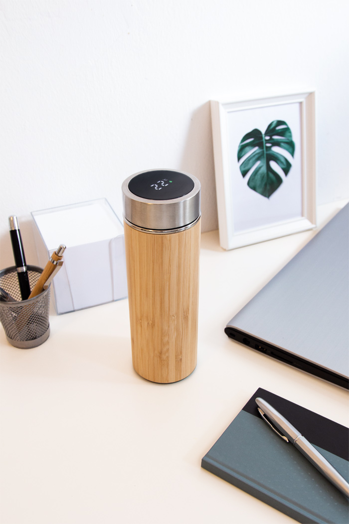 Isolierflasche Bambus BAMBOO TEMP, Edelstahl 400 ml mit Thermometer & Teesieb