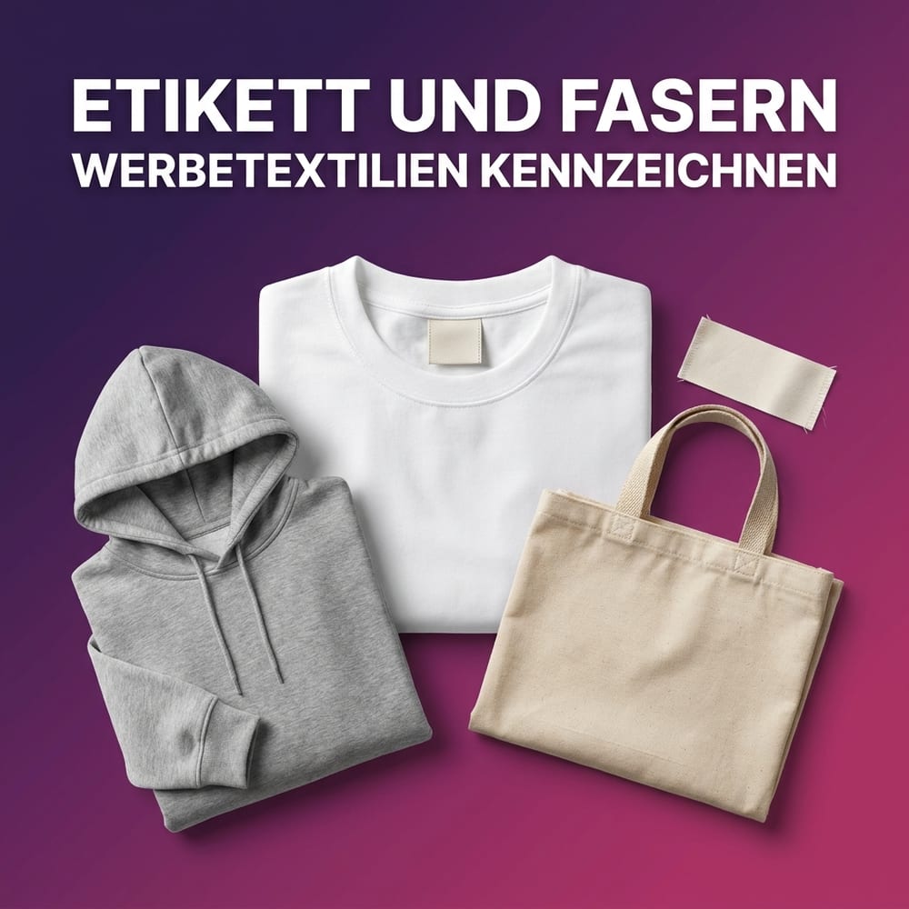 Werbetextilien mit Etikett – gefaltetes T-Shirt, Hoodie und Baumwolltasche mit eingenähtem Nackenlabel und Faserangabe