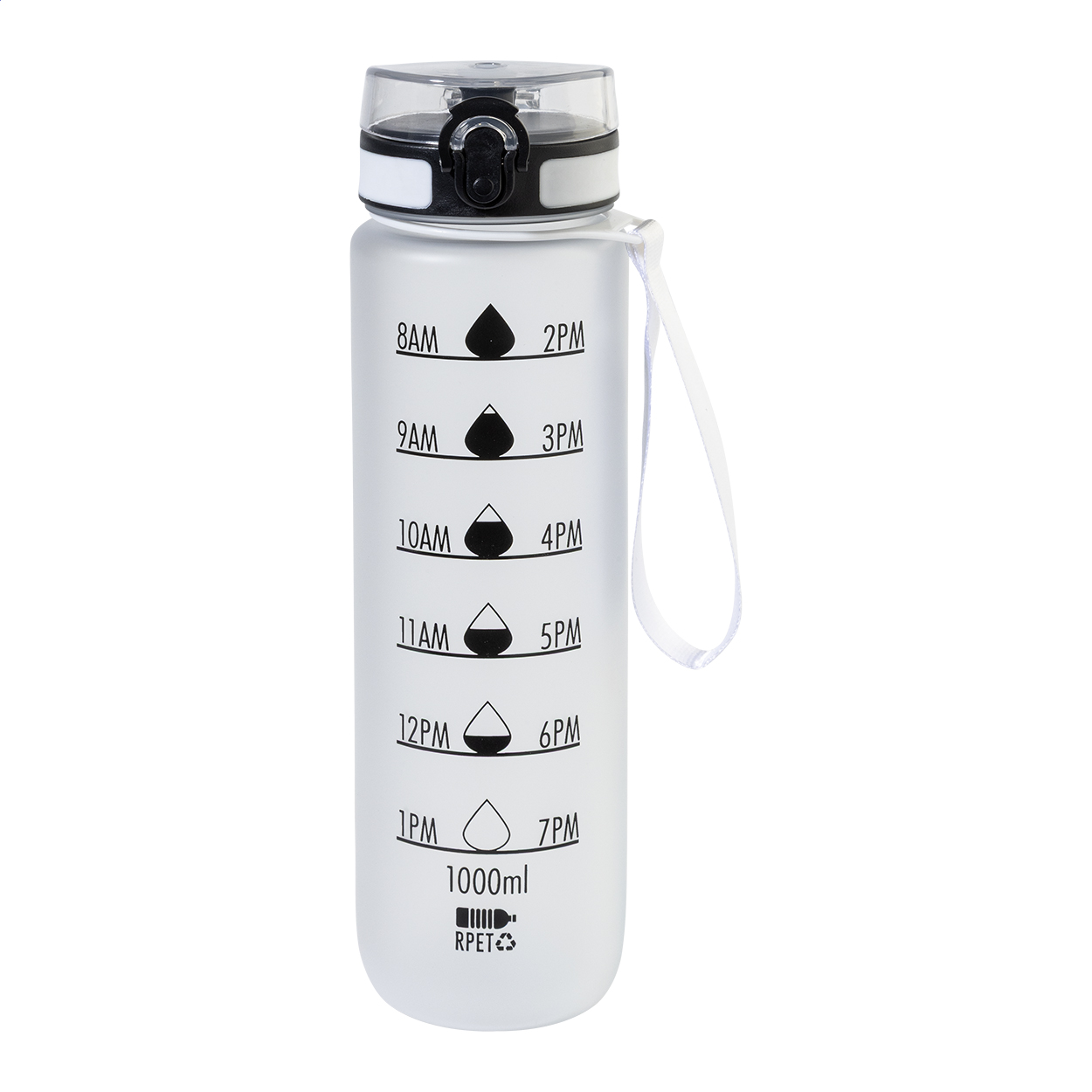 RPET Trinkflasche 1000 ml mit Motivationsanzeige & Flip-Top, bedruckbar