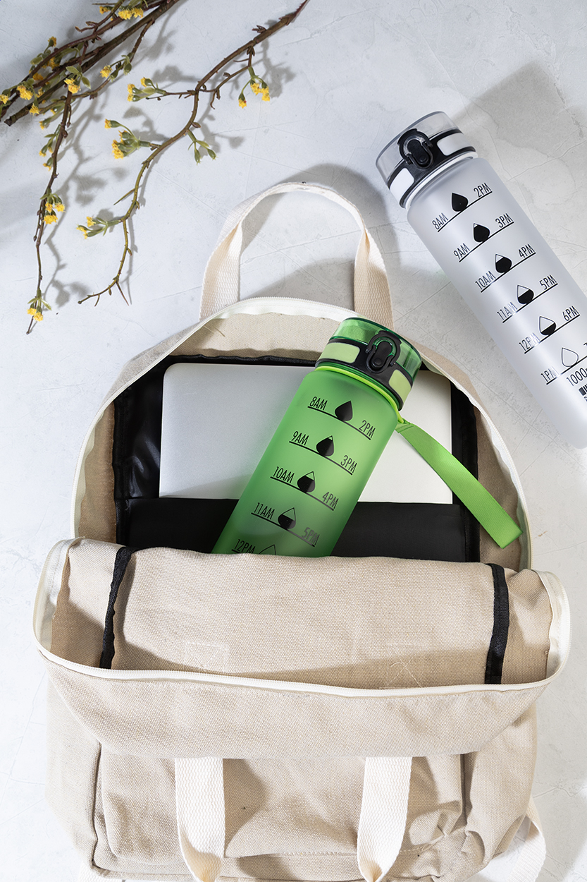 RPET Trinkflasche 1000 ml mit Motivationsanzeige & Flip-Top, bedruckbar