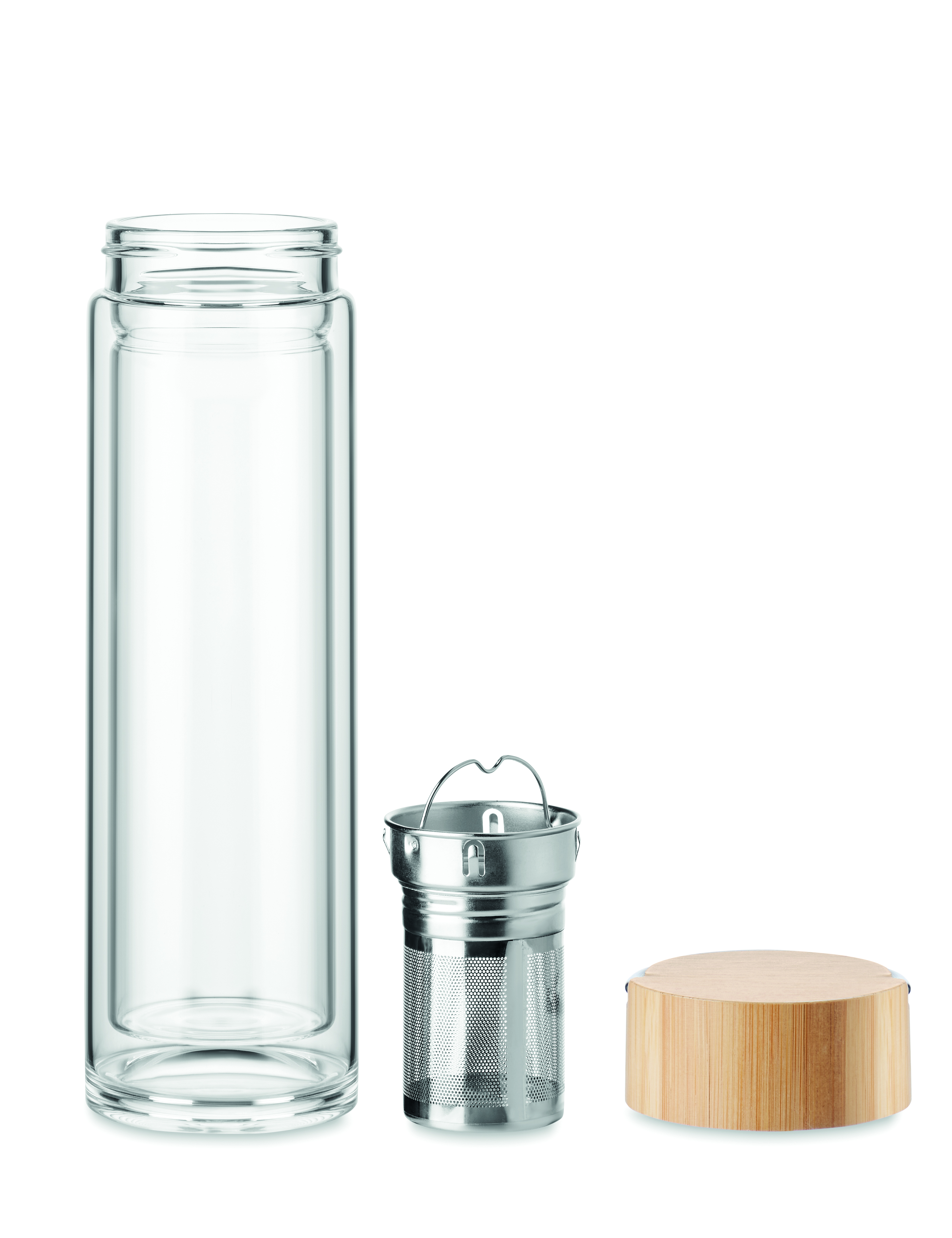 Glas-Trinkflasche BATAMI 400 ml, Borosilikatglas mit Bambusdeckel & Tee-Sieb