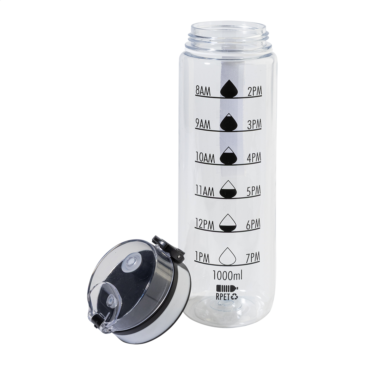 RPET Trinkflasche 1000 ml mit Motivationsanzeige & Flip-Top, bedruckbar