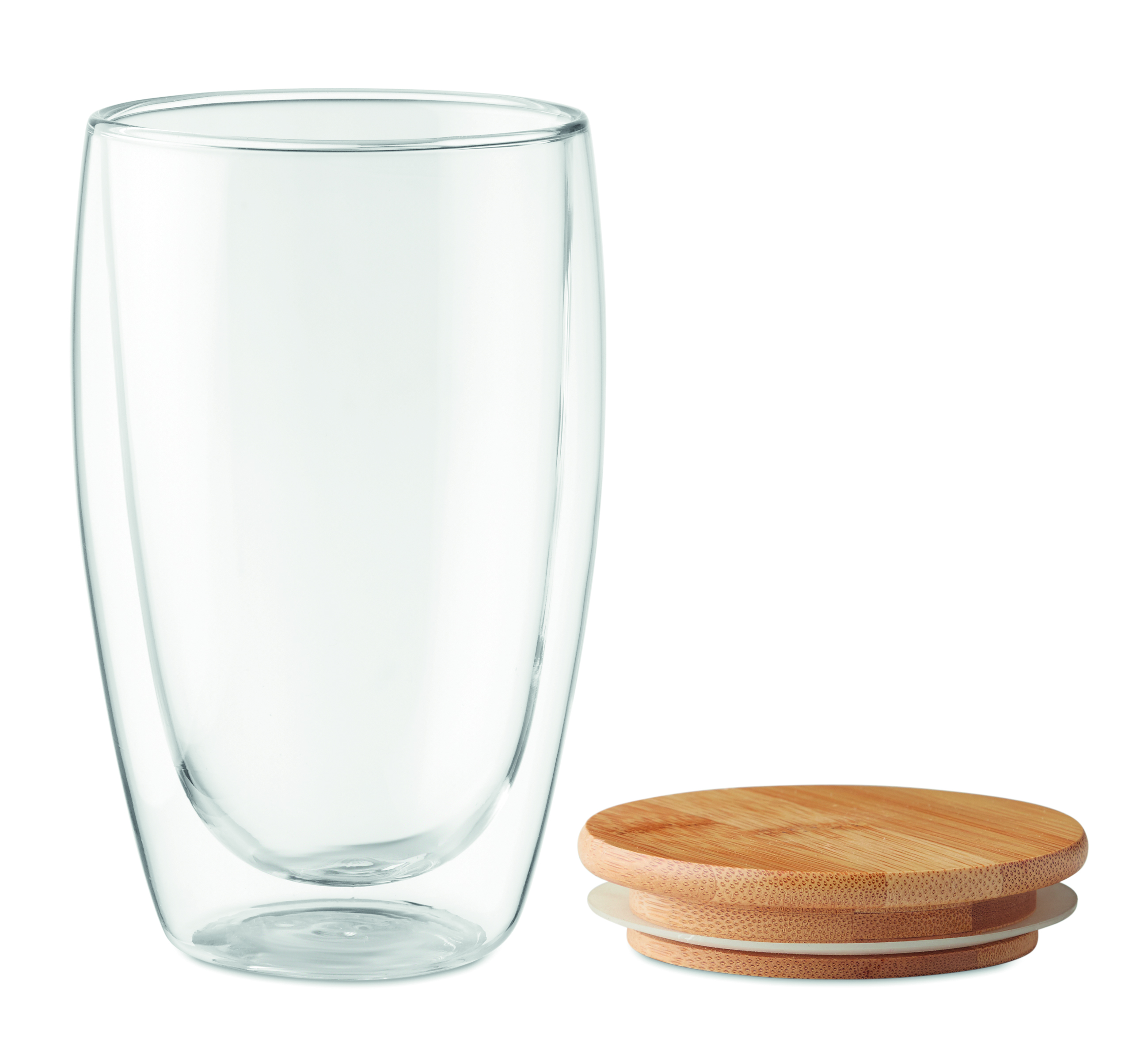 Doppelwandiges Glas 450 ml TIRANA LARGE mit Bambusdeckel – bedruckbar