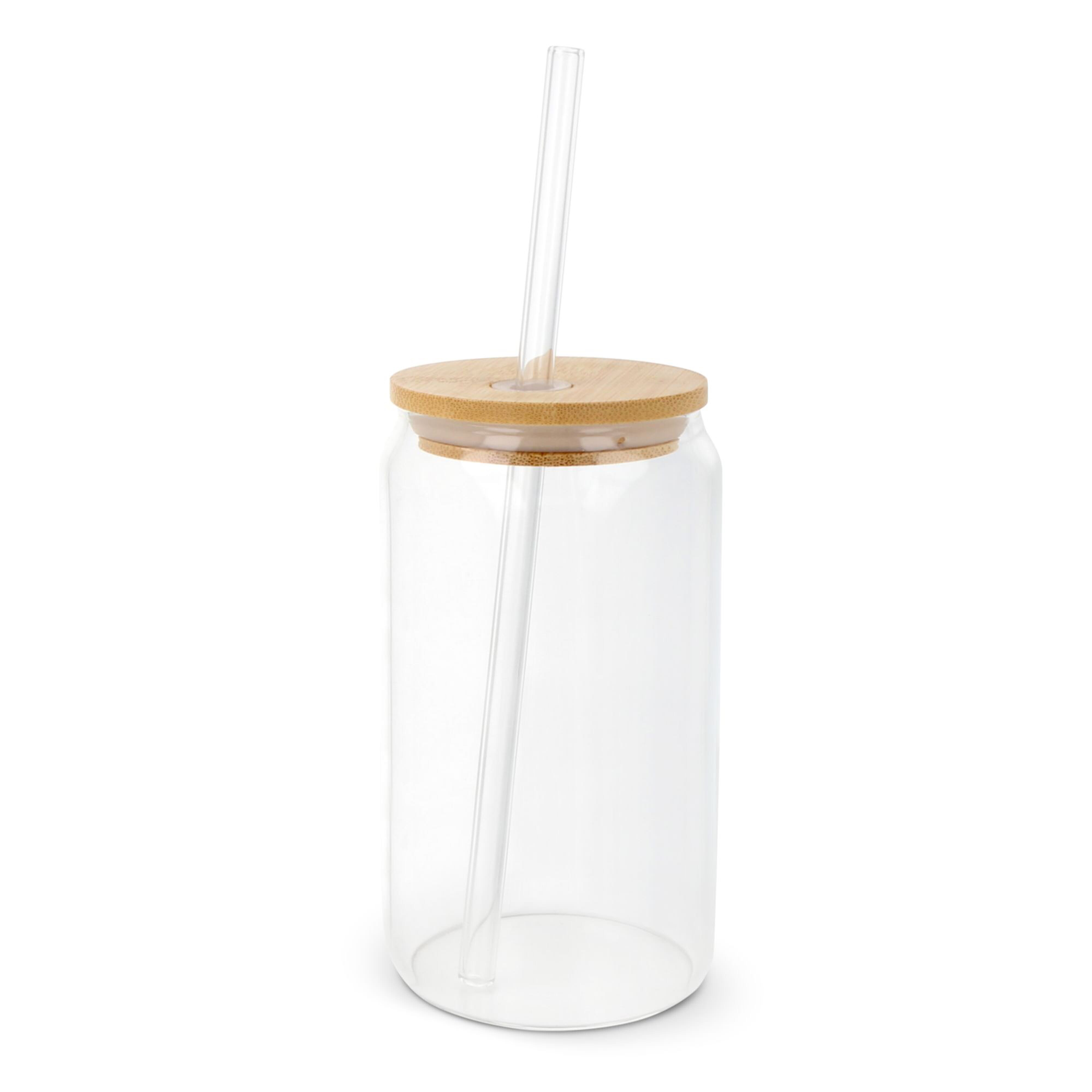 Trinkglas mit Bambusdeckel & Strohhalm 450 ml aus Borosilikatglas
