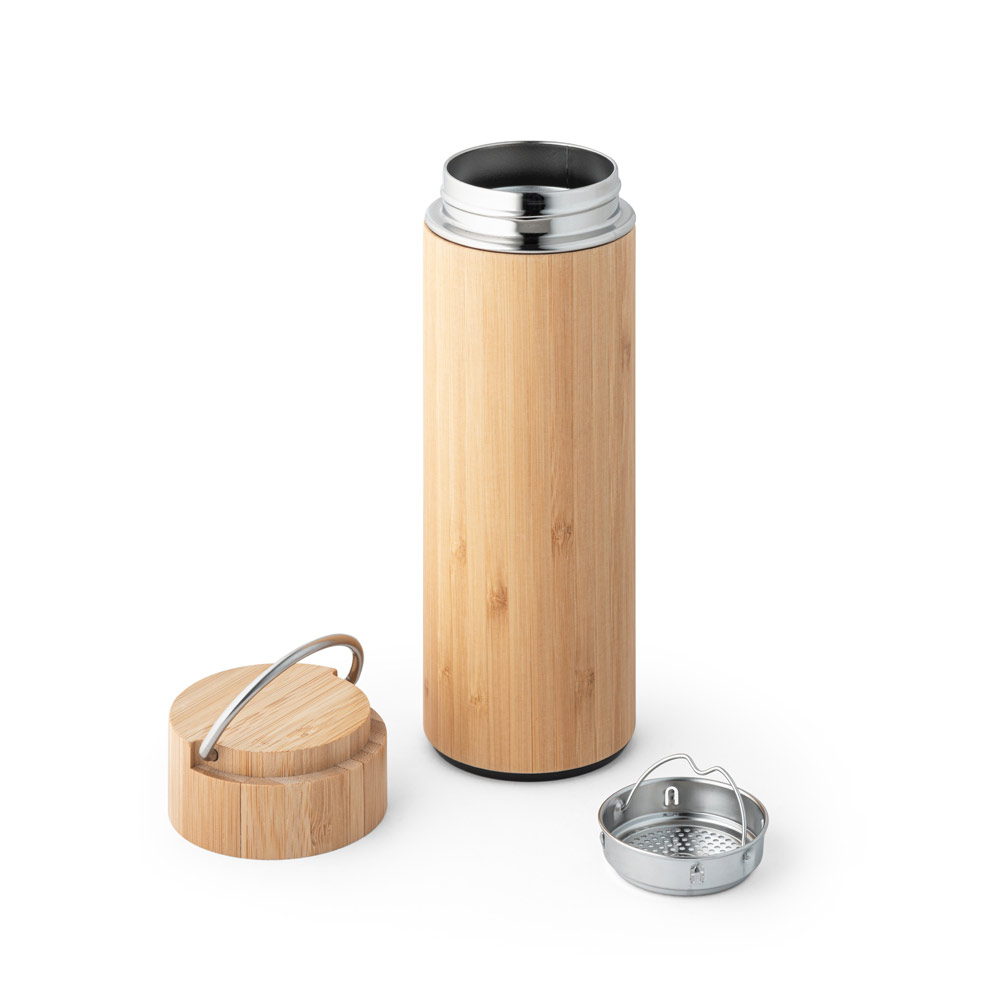 Thermoskanne Bambus & Edelstahl 440 ml, doppelwandig mit Teesieb