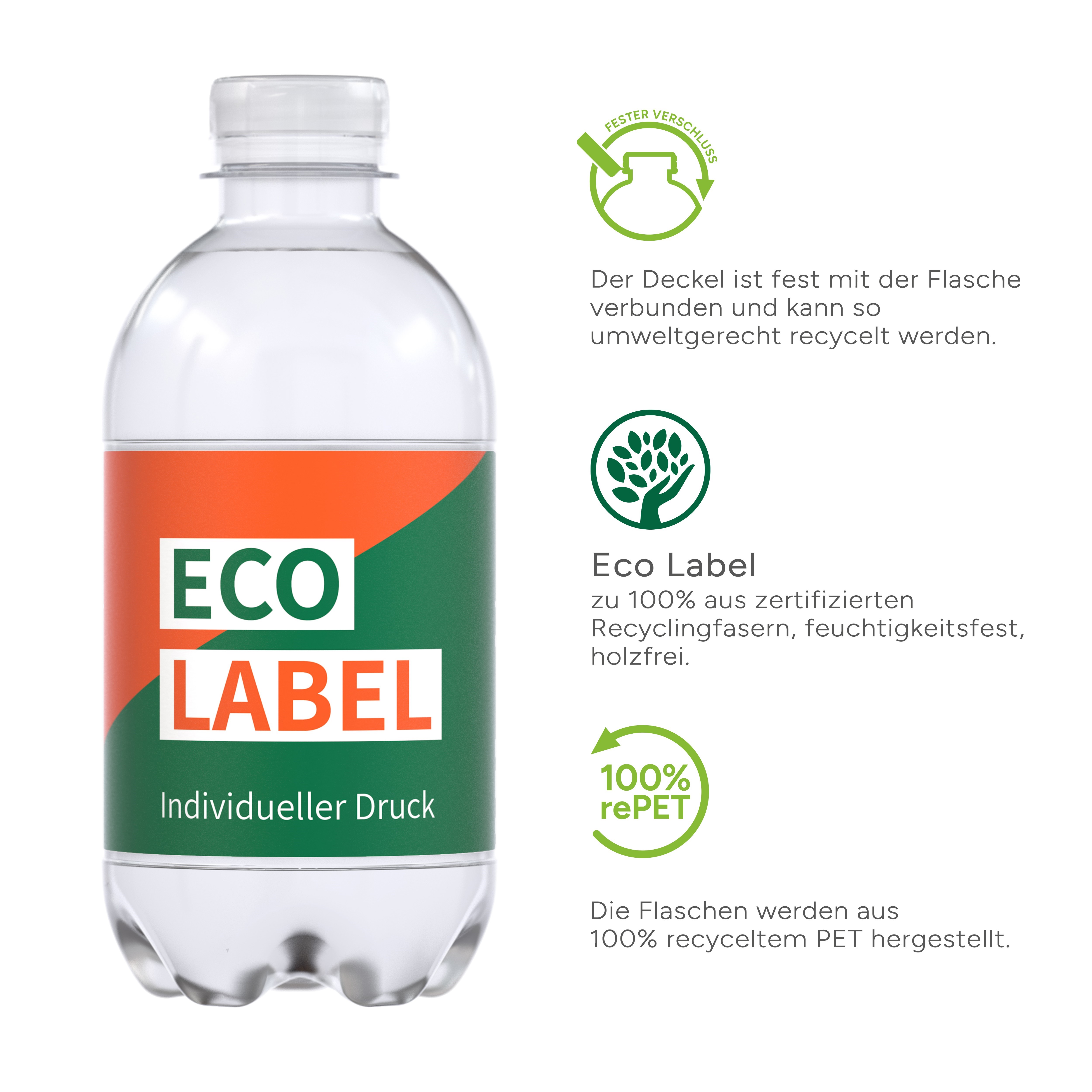 Werbewasser 330 ml PET-Flasche aus Recyclat, Eco-Label, bedruckbar