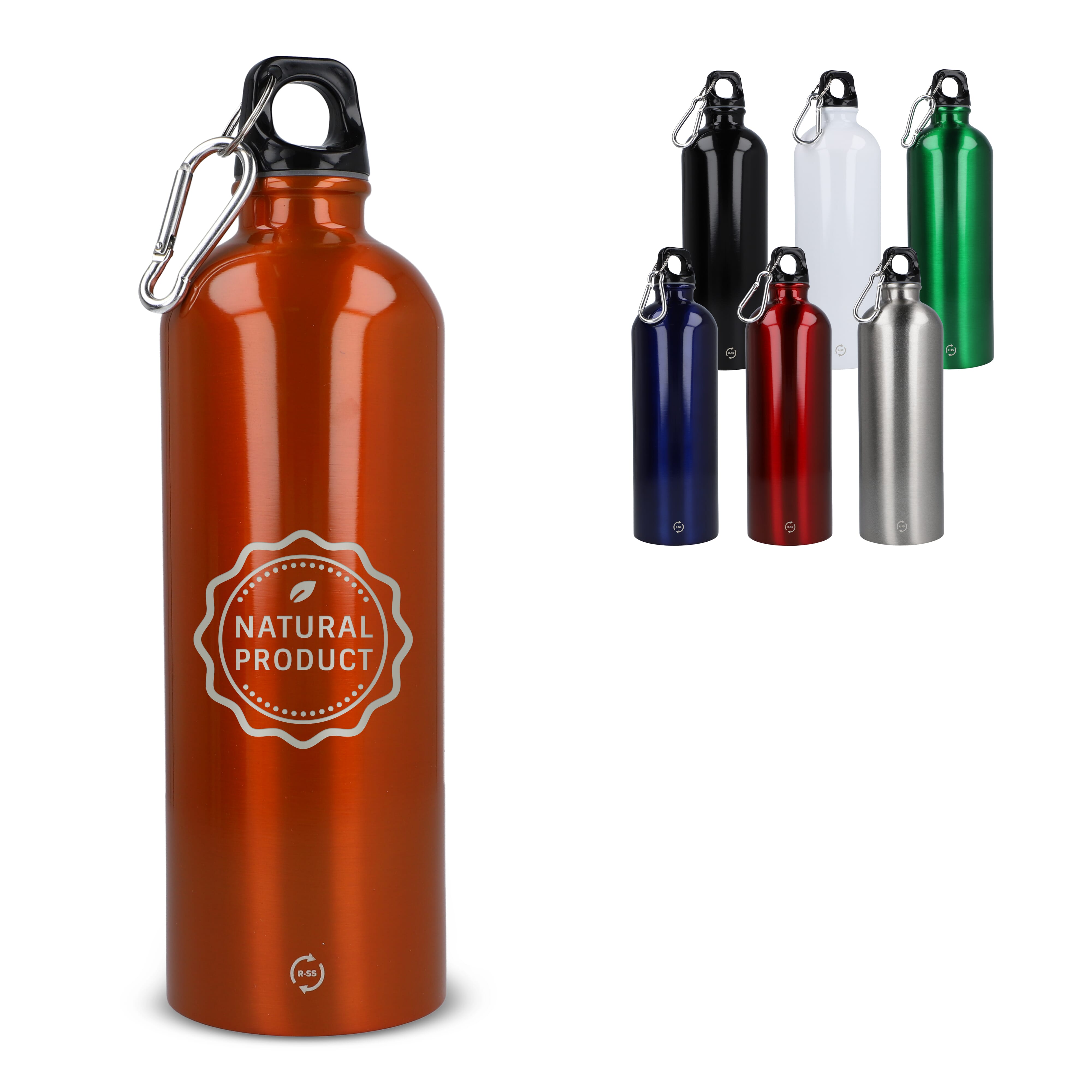 Edelstahl-Trinkflasche 750ml einwandig mit Karabiner, recycelt