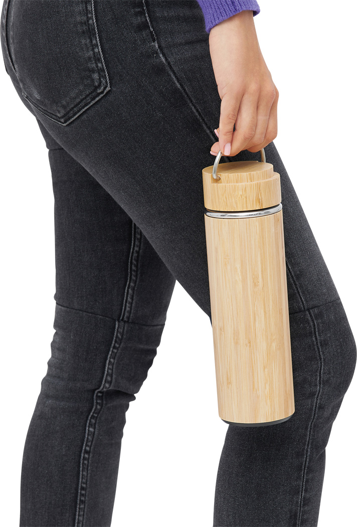 Isolierflasche BAMBOO HOT 400 ml Edelstahl mit Teesieb, bedruckbar