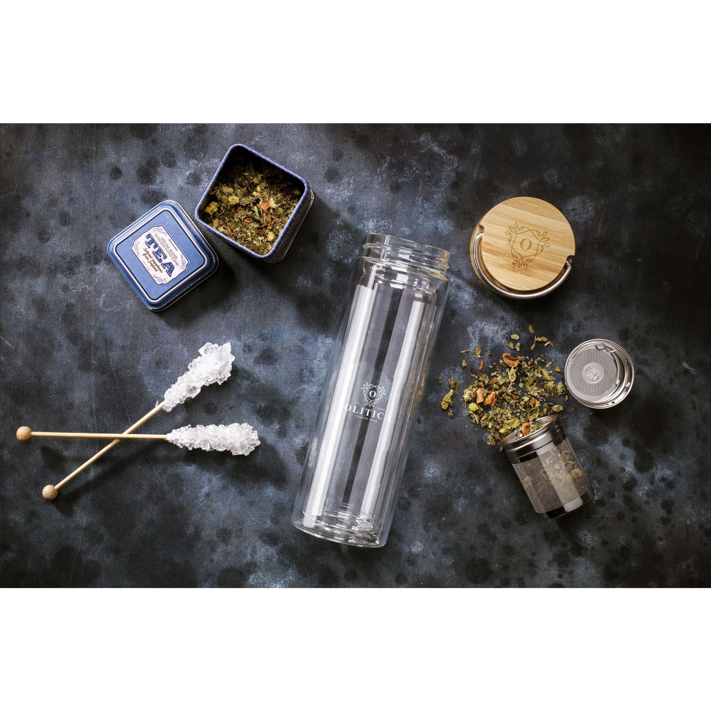 Teeflasche 300 ml aus Borosilikatglas mit Teefilter & Bambus