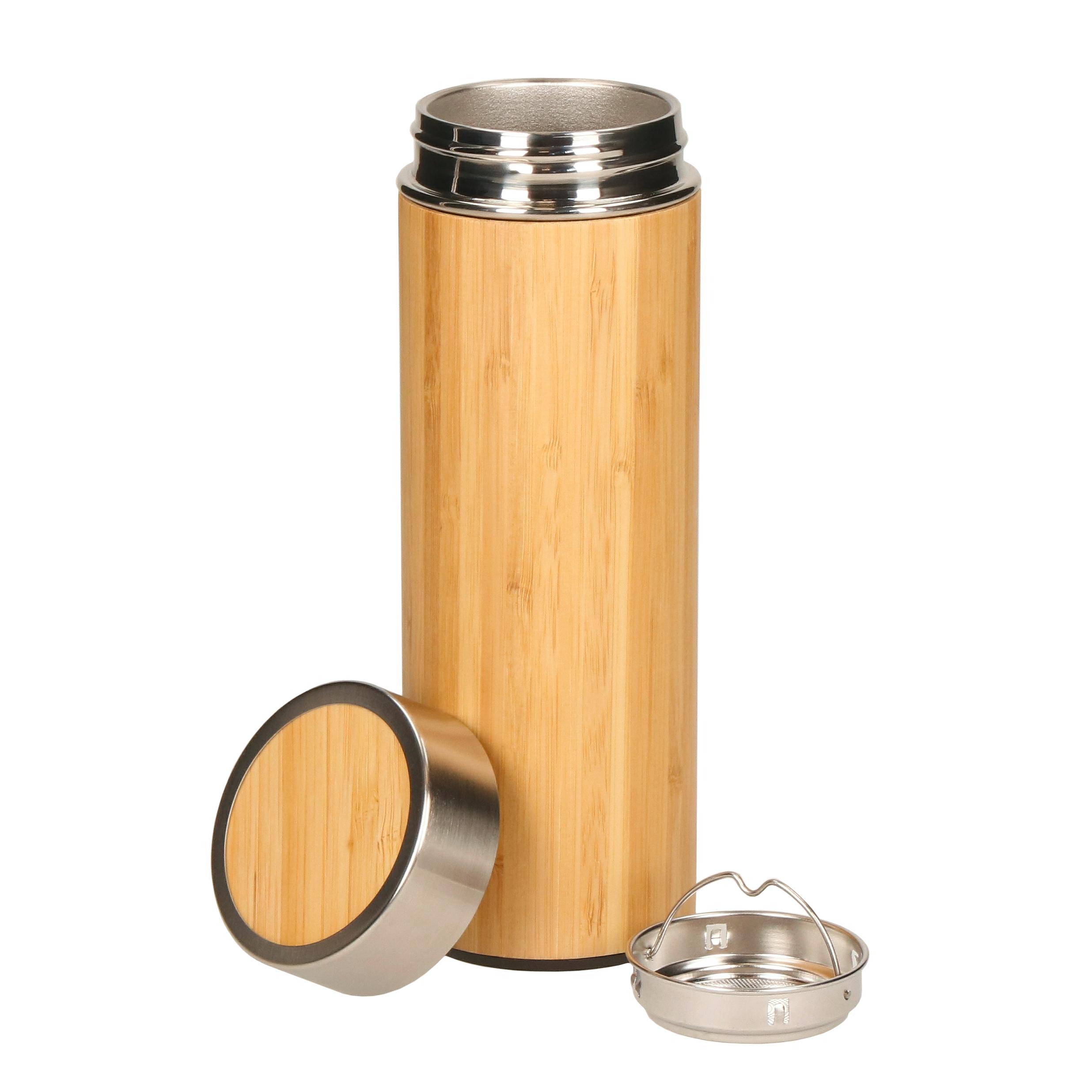 Vakuum-Isolierflasche Edelstahl mit Bambus, 0,35 l, bedruckbar