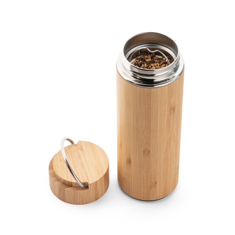 Thermoskanne Bambus & Edelstahl 440 ml, doppelwandig mit Teesieb