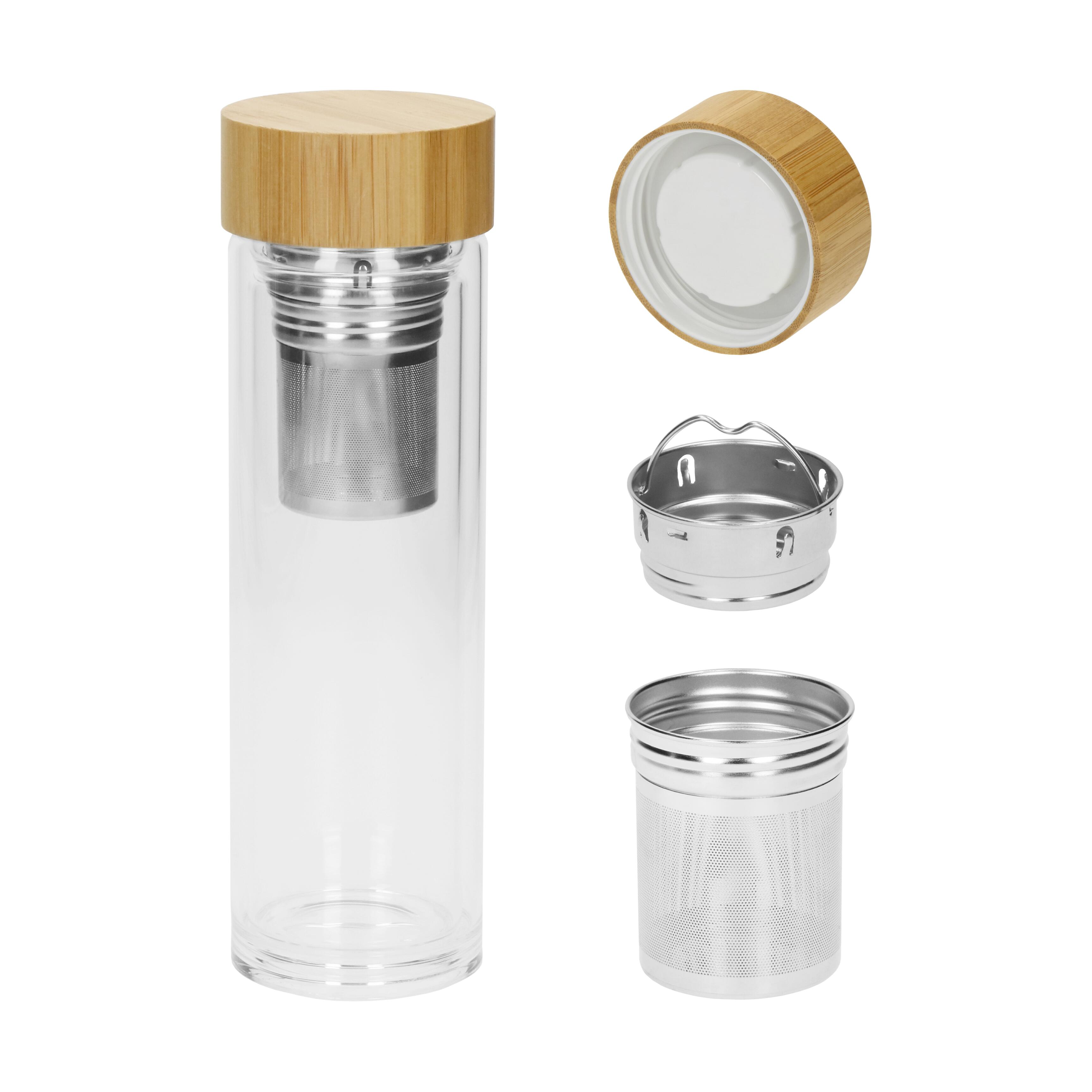 Glasflasche "Tea" 0,40 l aus Borosilikat mit Teesieb & Bambusdeckel