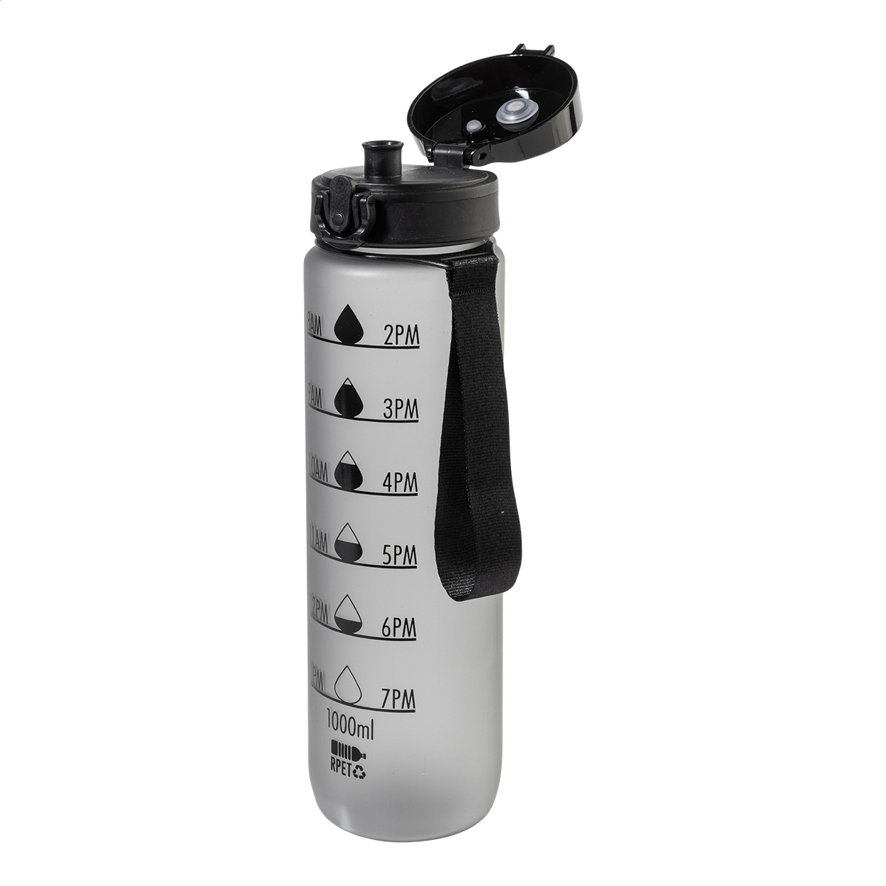 RPET Trinkflasche 1000 ml mit Motivationsanzeige & Flip-Top, bedruckbar