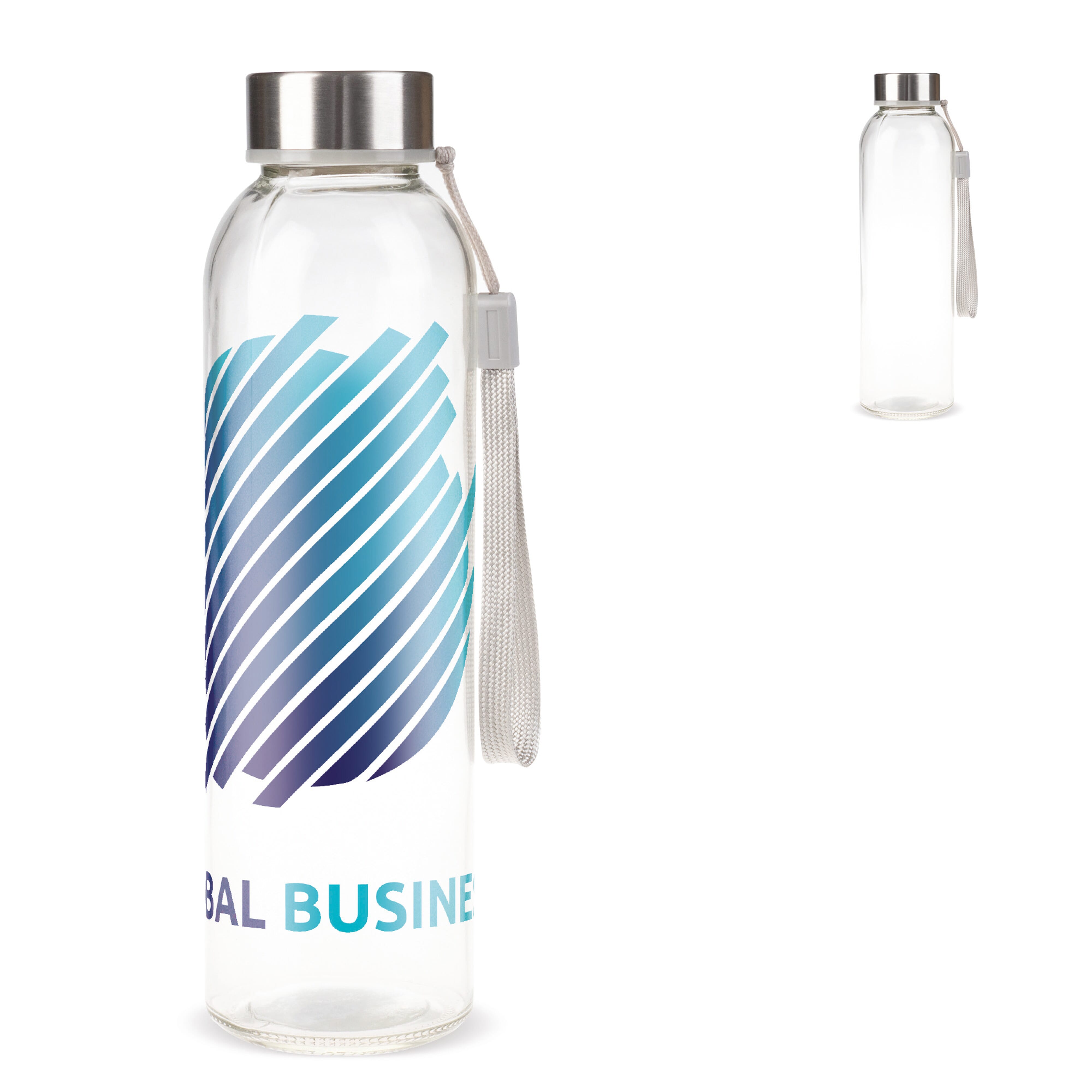 Glas-Trinkflasche 500 ml mit Trageschlaufe – bedruckbar als Werbeartikel
