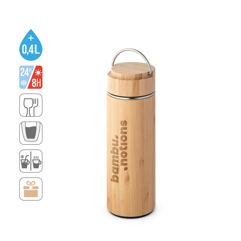 Thermoskanne Bambus & Edelstahl 440 ml, doppelwandig mit Teesieb