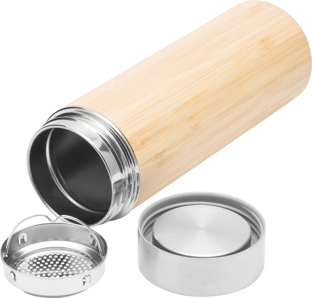 Isolierflasche Bambus BAMBOO TEMP, Edelstahl 400 ml mit Thermometer & Teesieb