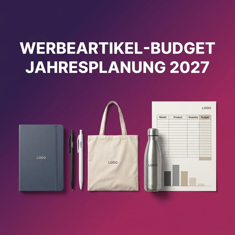 Werbeartikel-Budgetplanung – Notizbuch, Kugelschreiber, Baumwolltasche und Trinkflasche mit Logo neben einer Jahresplanungstabelle