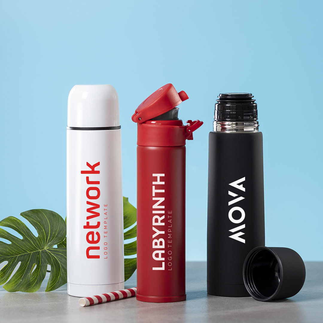 Thermosflasche Poltax Edelstahl 330 ml, doppelter Deckel – bedruckbar