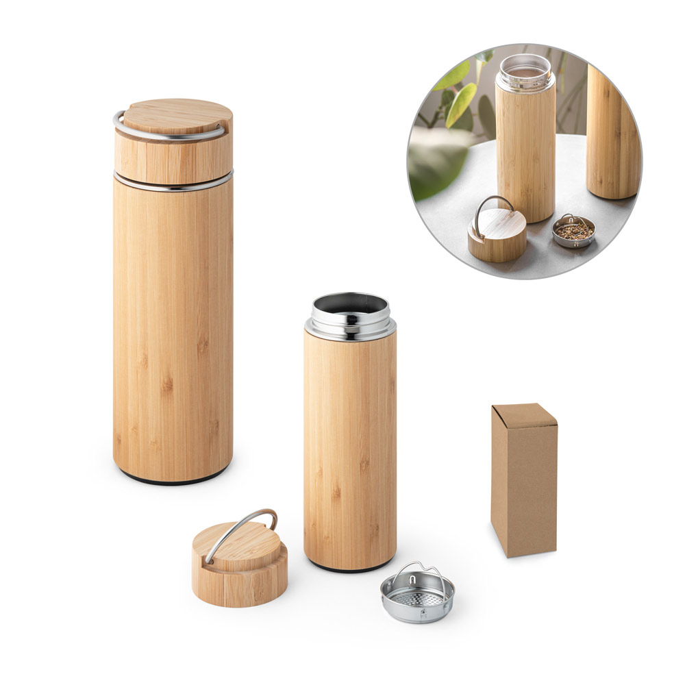 Thermoskanne Bambus & Edelstahl 440 ml, doppelwandig mit Teesieb