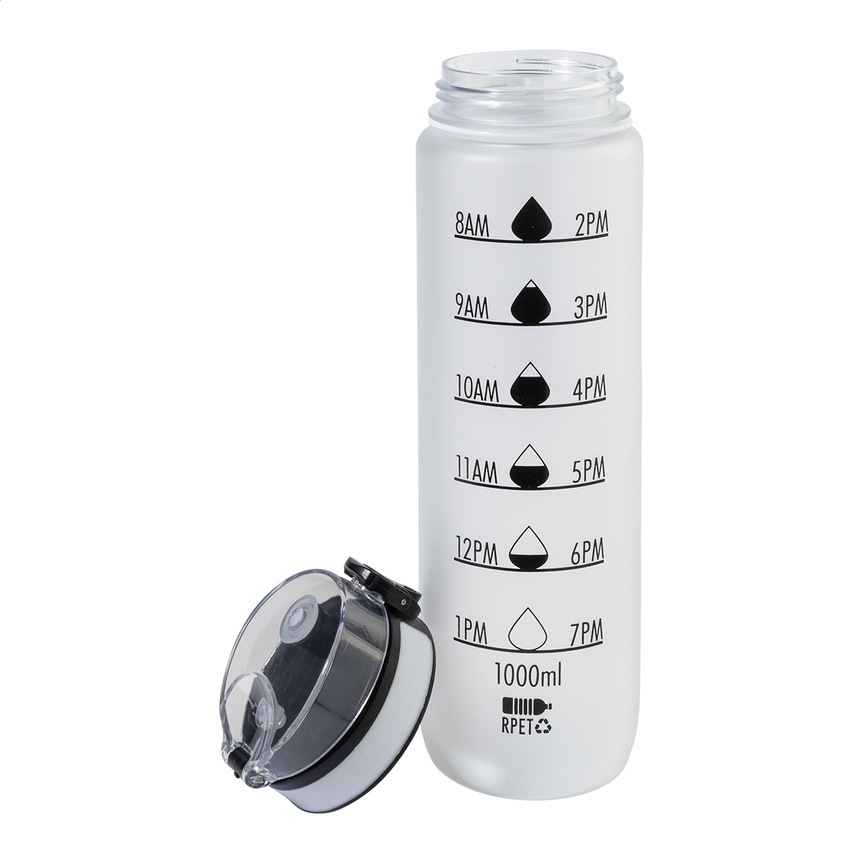 RPET Trinkflasche 1000 ml mit Motivationsanzeige & Flip-Top, bedruckbar