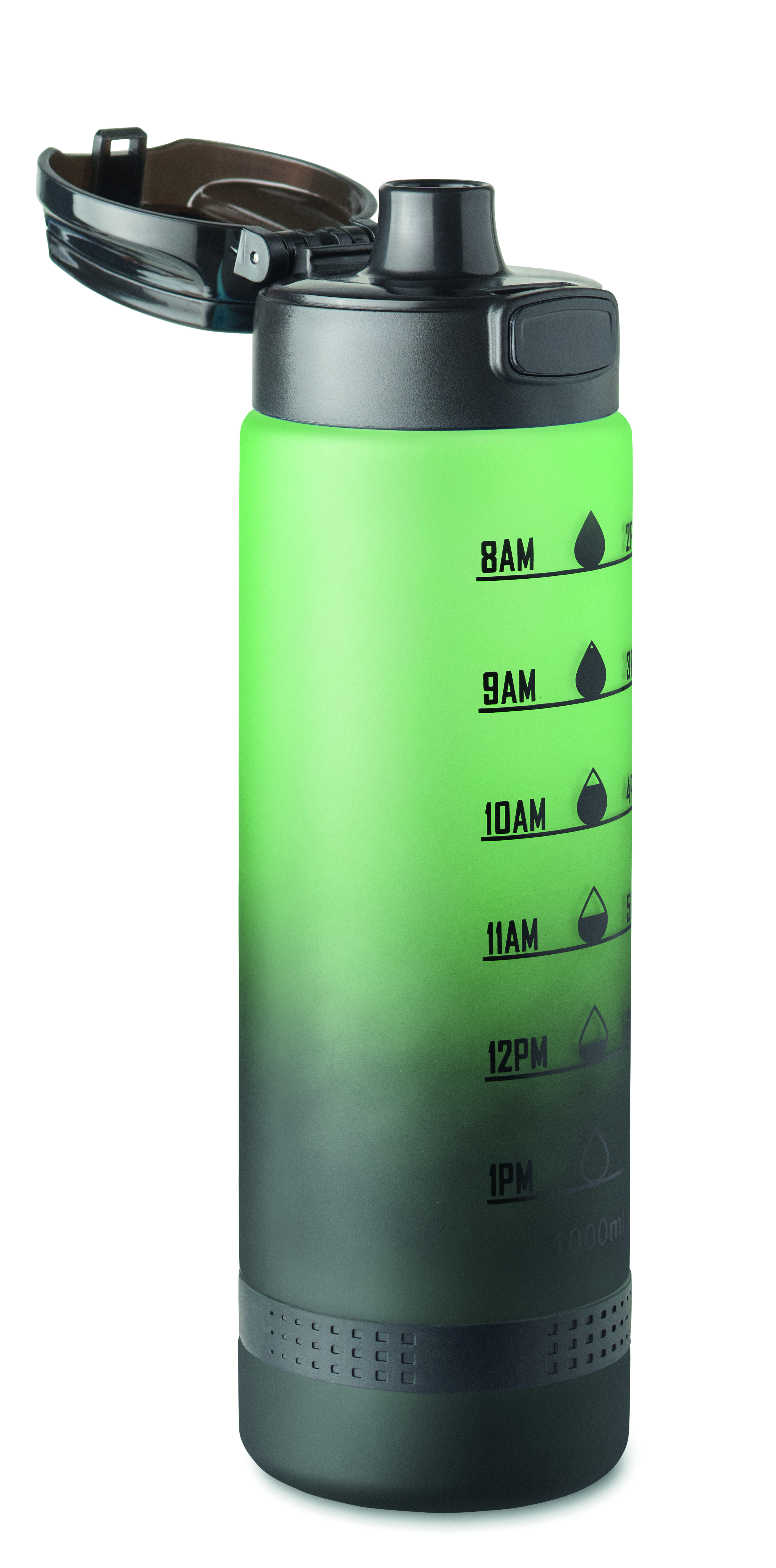 Sport-Trinkflasche RPET 1L LEVEL mit Zeitmarkierung & Flip-Top