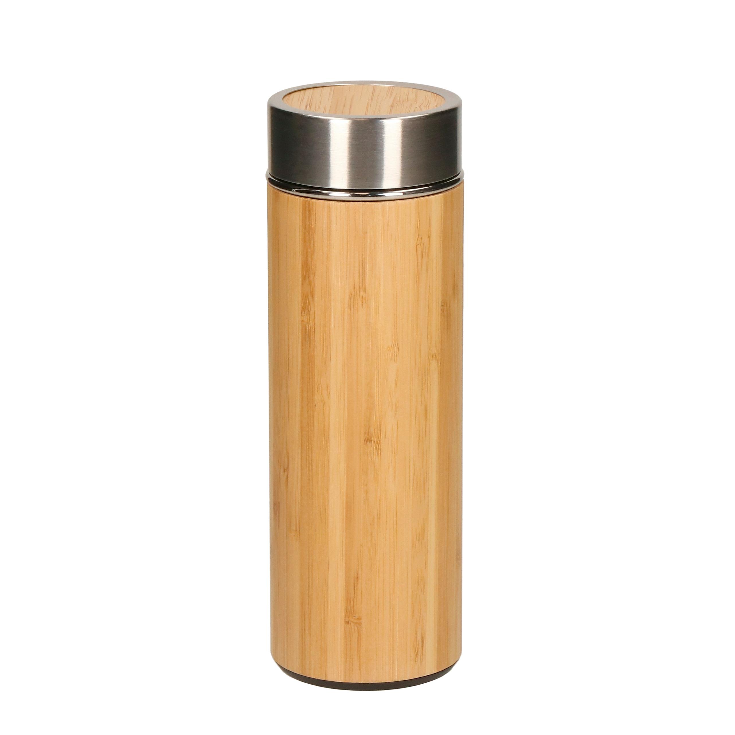 Vakuum-Isolierflasche Edelstahl mit Bambus, 0,35 l, bedruckbar