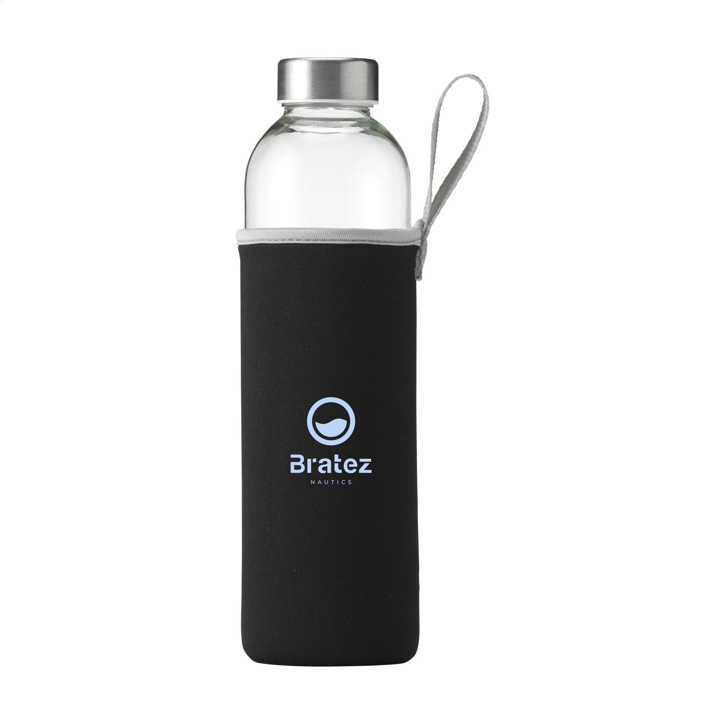 Glas-Trinkflasche 750 ml mit Neoprenhülle, Edelstahlverschluss – bedruckbar