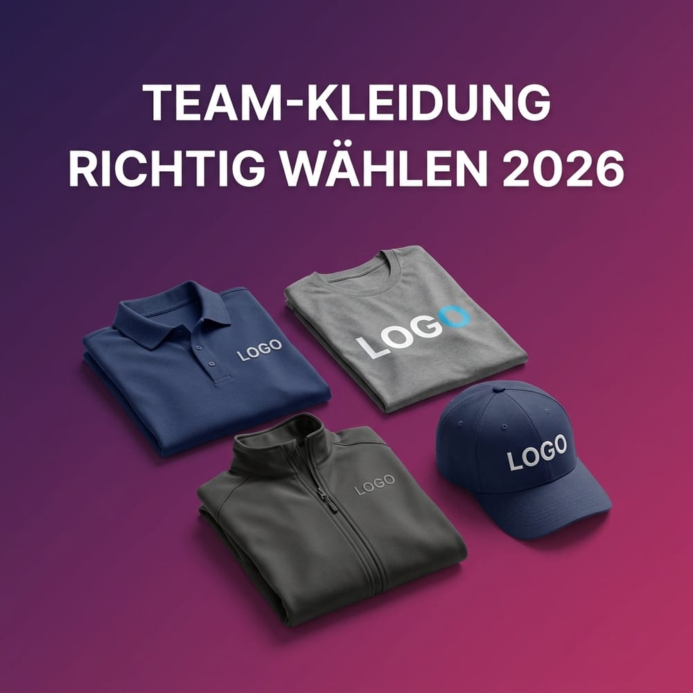 Team-Kleidung richtig auswählen – gefaltetes Poloshirt, T-Shirt, Softshelljacke und Cap mit gesticktem Logo schwebend vor weichem violett-magentafarbenem Verlauf