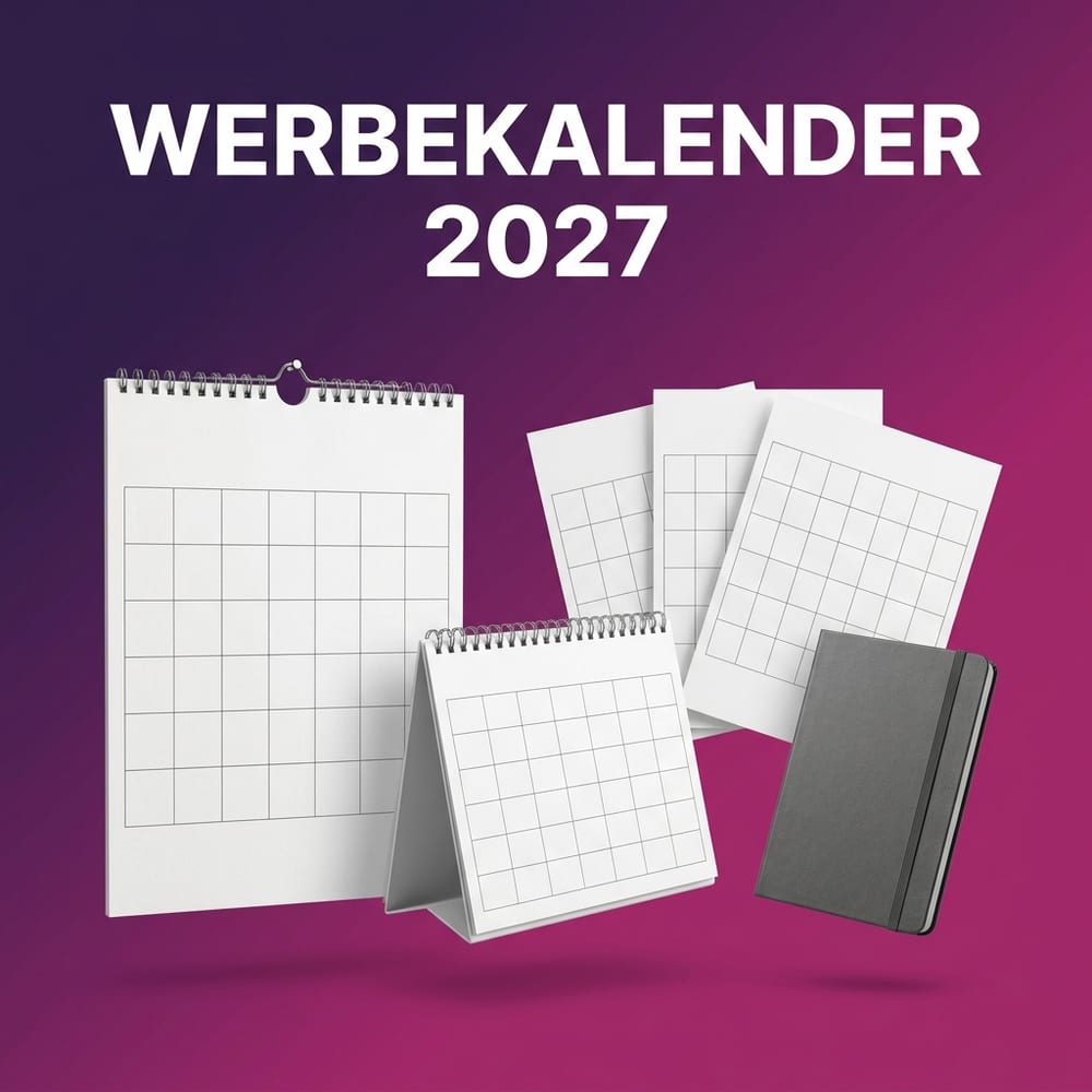 Werbekalender 2027 – Wandkalender, Tischkalender und Taschenkalender mit leeren Kalenderblättern vor violettem Farbverlauf