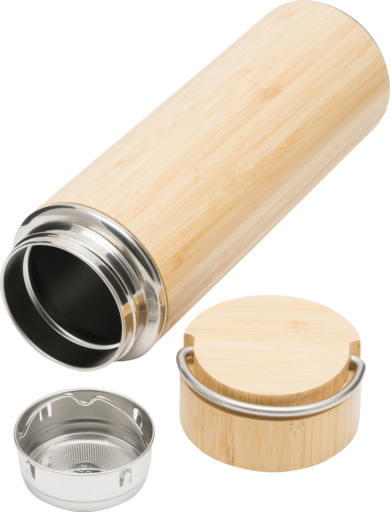 Isolierflasche BAMBOO HOT 400 ml Edelstahl mit Teesieb, bedruckbar