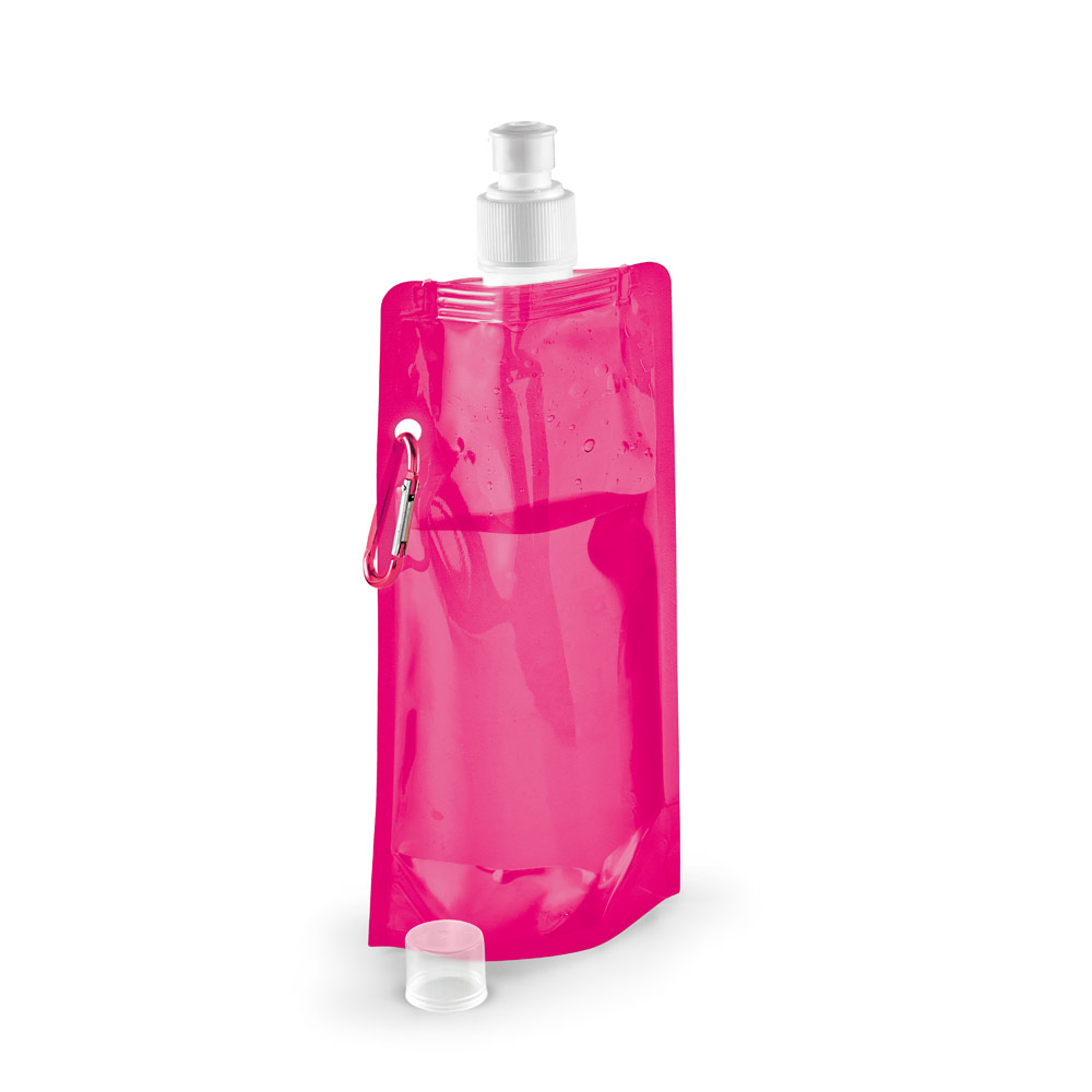 Faltflasche PE 460 ml bedruckbar – Trinkflasche mit Karabiner & Push-Pull