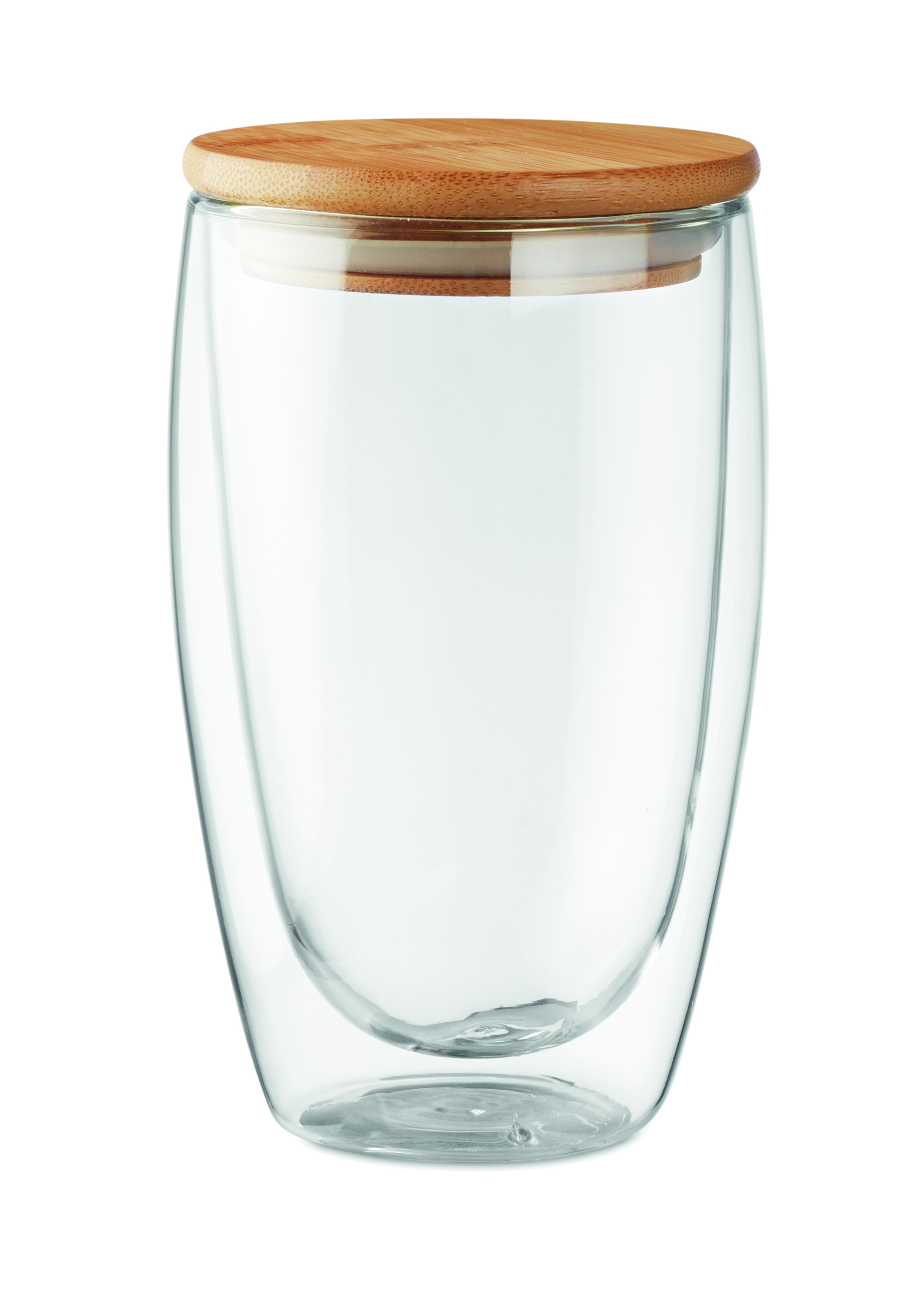 Doppelwandiges Glas 450 ml TIRANA LARGE mit Bambusdeckel – bedruckbar