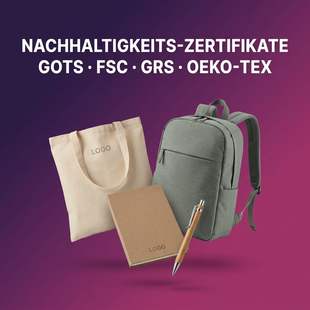 Nachhaltigkeits-Zertifikate für Werbeartikel – Bio-Baumwolltasche, RPET-Rucksack, Recyclingpapier-Notizbuch und Holz-Kugelschreiber mit Logo-Druck und geprüften Siegeln