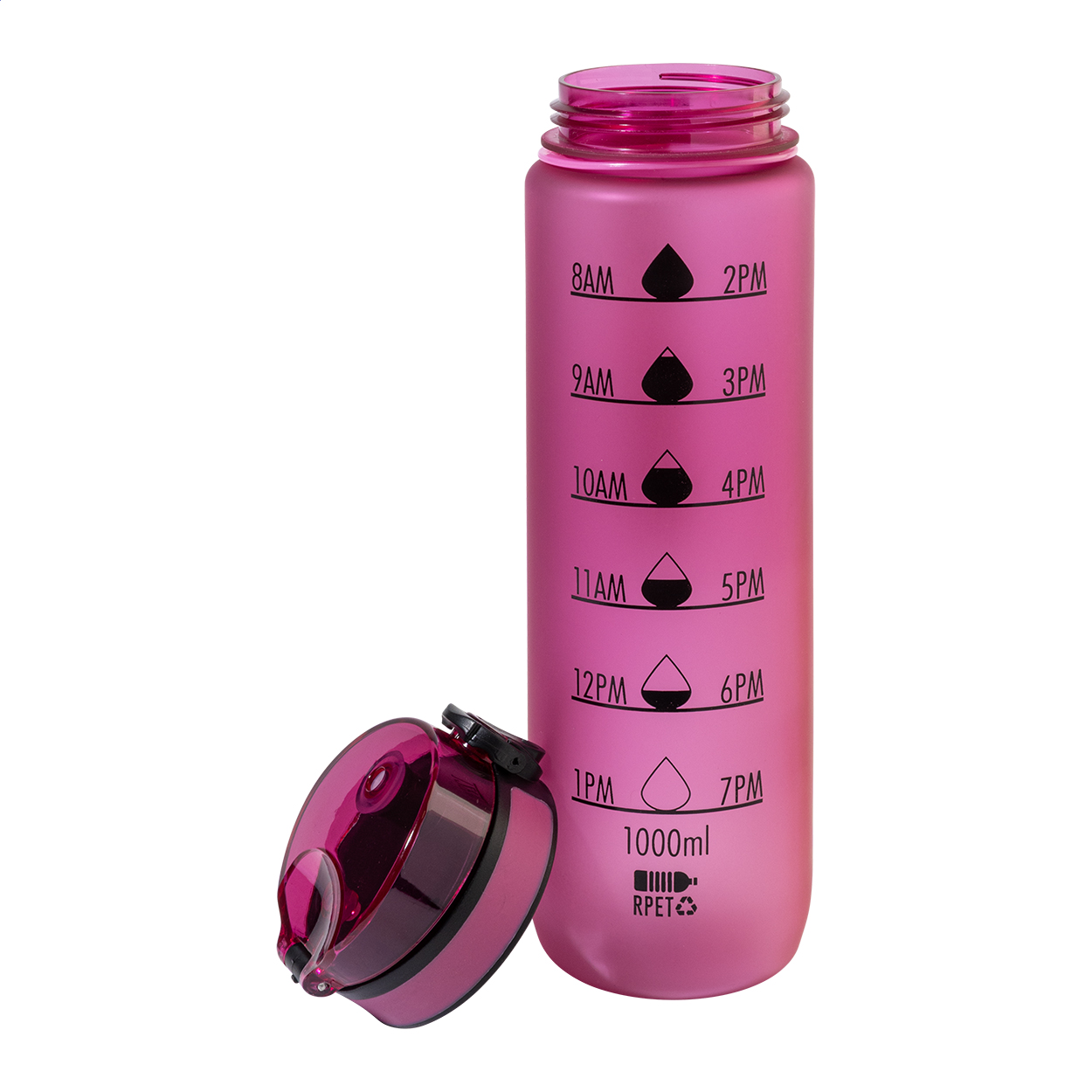 RPET Trinkflasche 1000 ml mit Motivationsanzeige & Flip-Top, bedruckbar