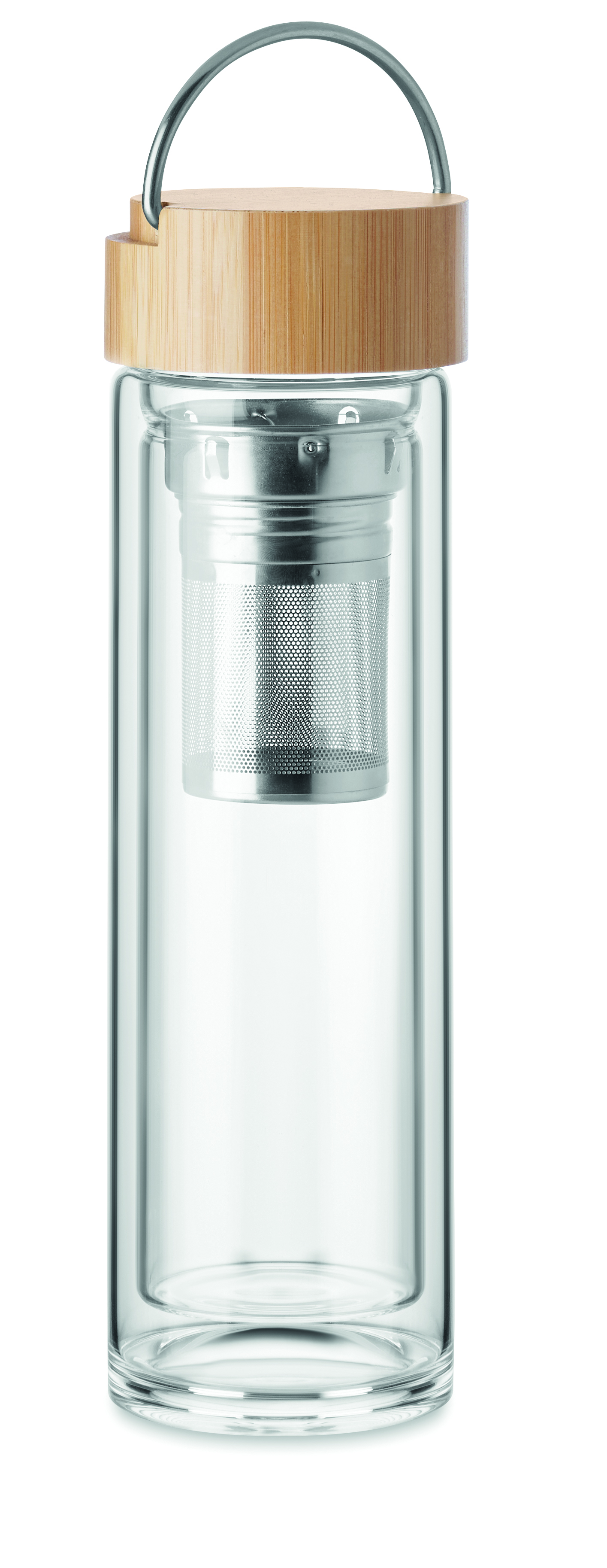 Glas-Trinkflasche BATAMI 400 ml, Borosilikatglas mit Bambusdeckel & Tee-Sieb
