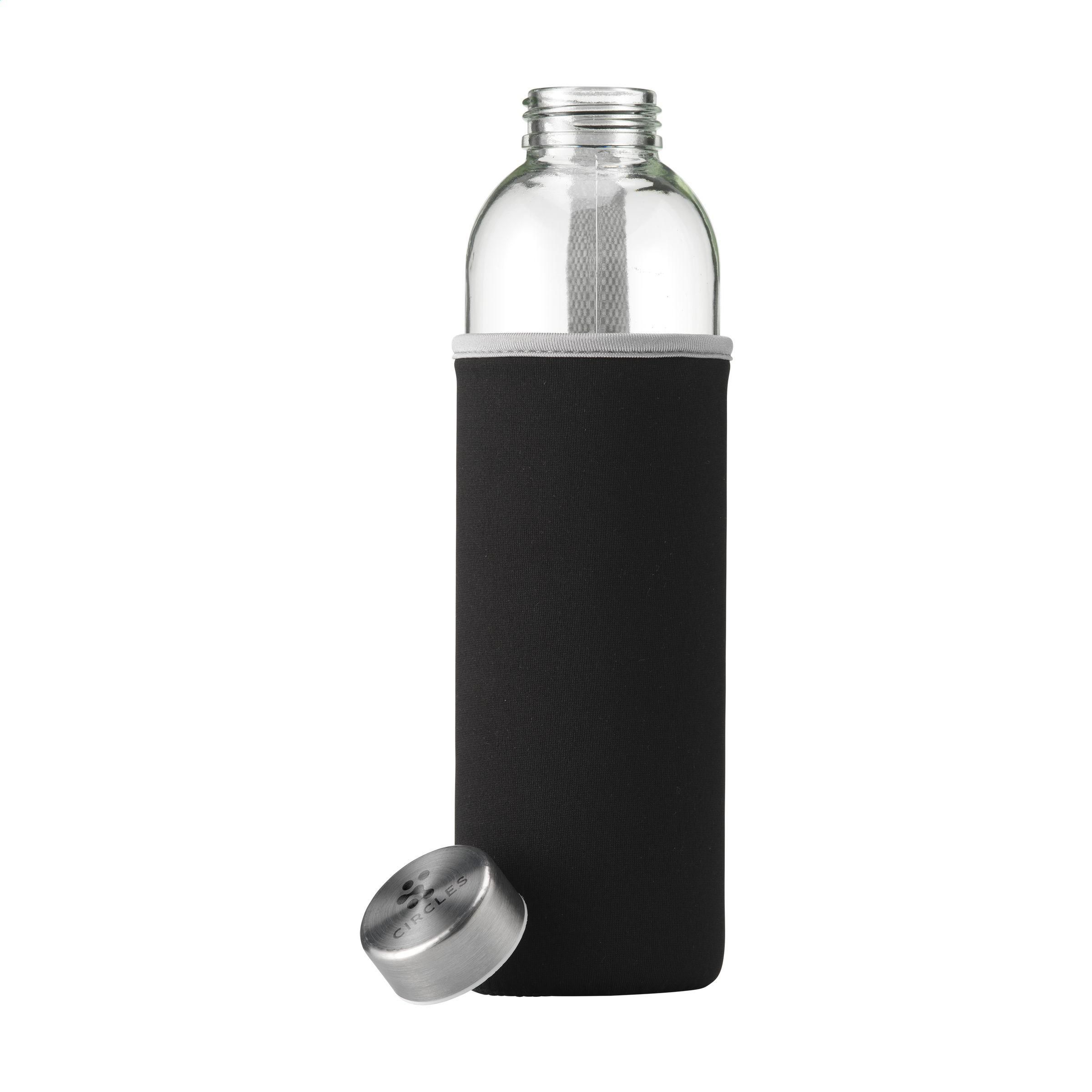 Glas-Trinkflasche 750 ml mit Neoprenhülle, Edelstahlverschluss – bedruckbar
