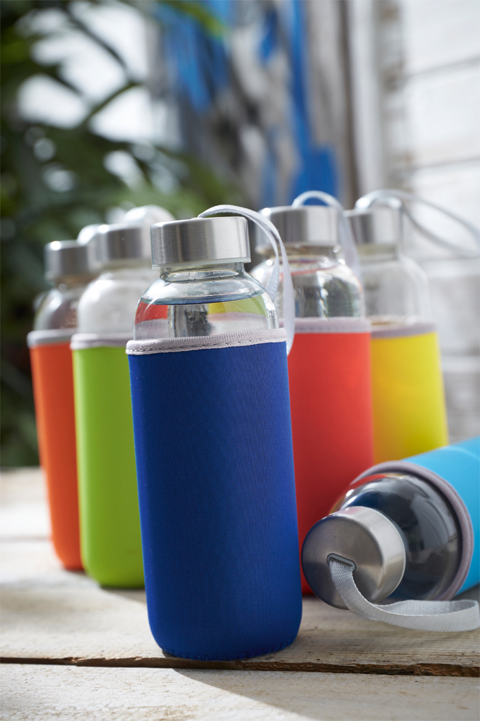 Glas-Trinkflasche TAKE WELL 450 ml mit Schutzhülle, bedruckbar