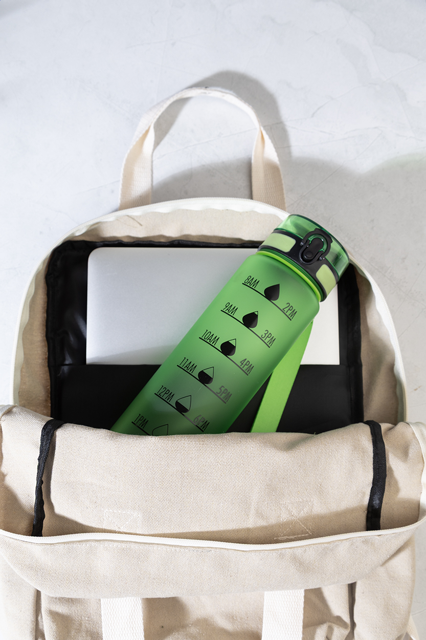 RPET Trinkflasche 1000 ml mit Motivationsanzeige & Flip-Top, bedruckbar