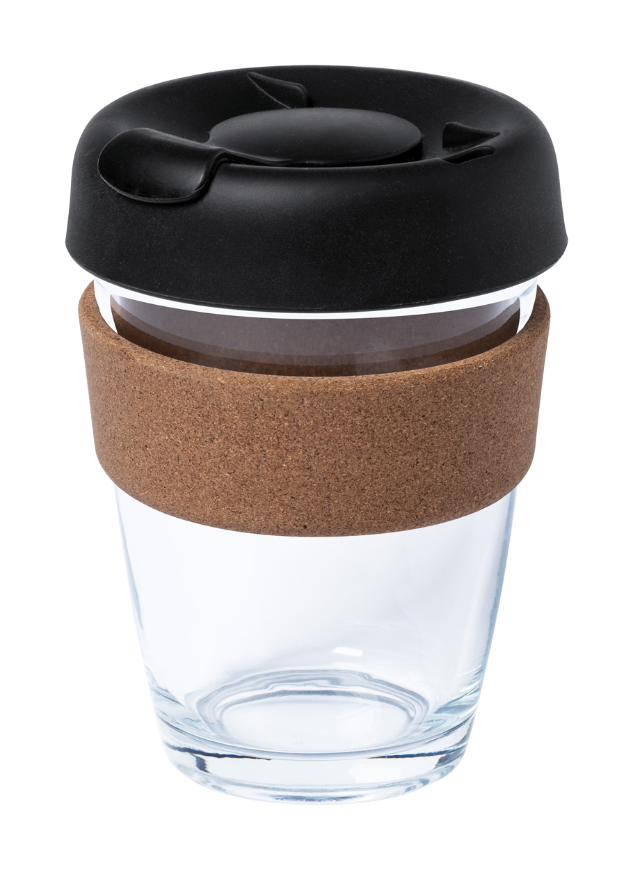 Glas-Reisebecher Corgla 350 ml – Borosilikatglas mit Korkgriff, bedruckbar