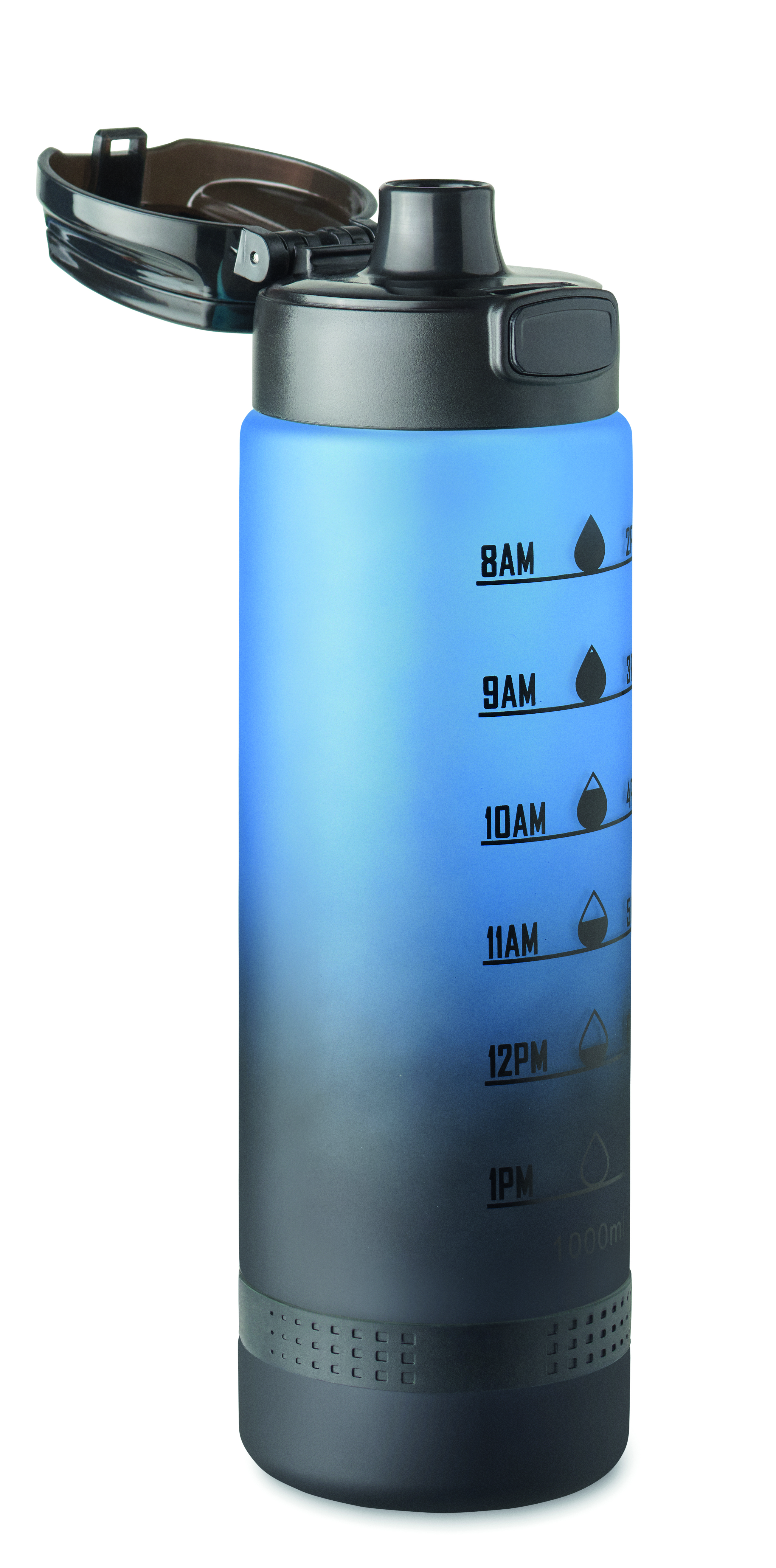 Sport-Trinkflasche RPET 1L LEVEL mit Zeitmarkierung & Flip-Top