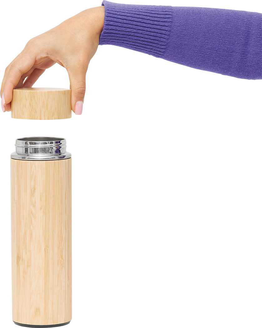 Isolierflasche BAMBOO HOT 400 ml Edelstahl mit Teesieb, bedruckbar