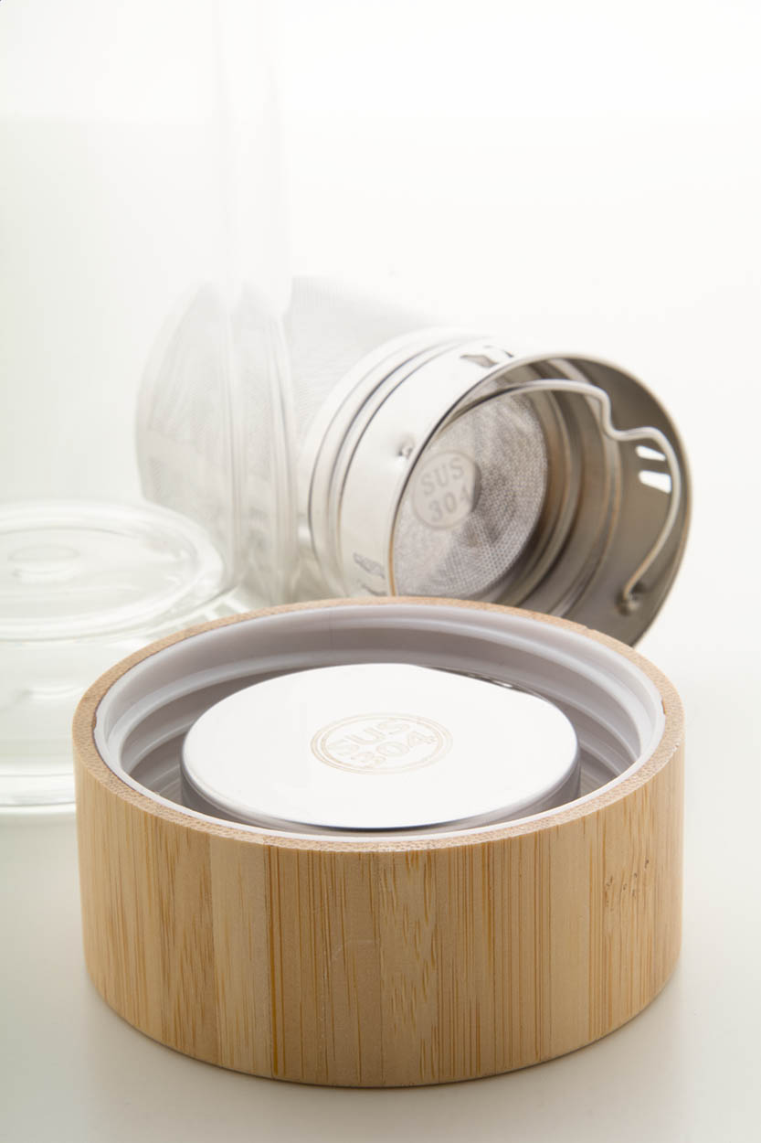 Glas-Thermoflasche Andina 420 ml – doppelwandig mit Tee-Ei & Bambusdeckel