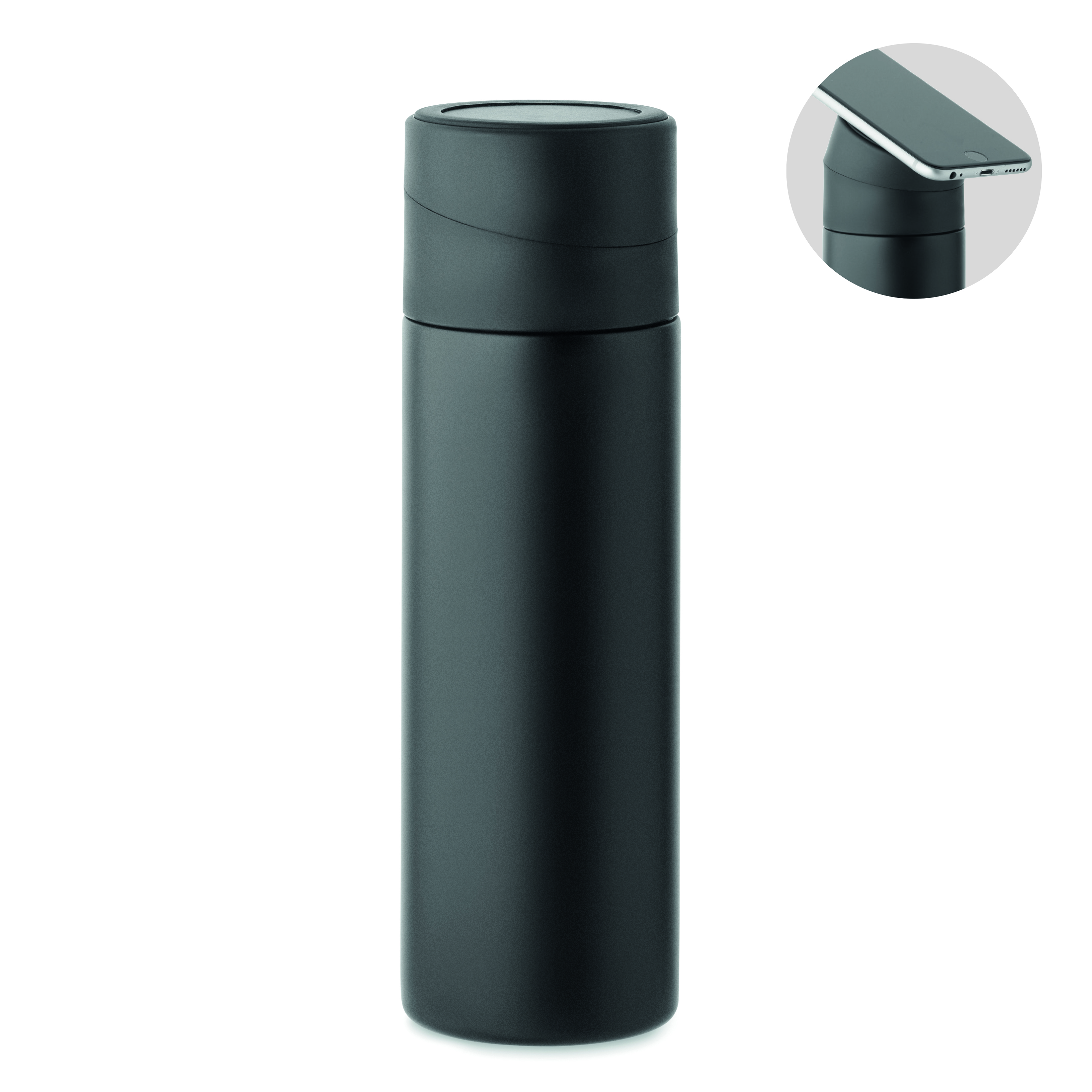 Doppelwandige Edelstahl-Isolierflasche 420 ml mit Smartphone-Halterung