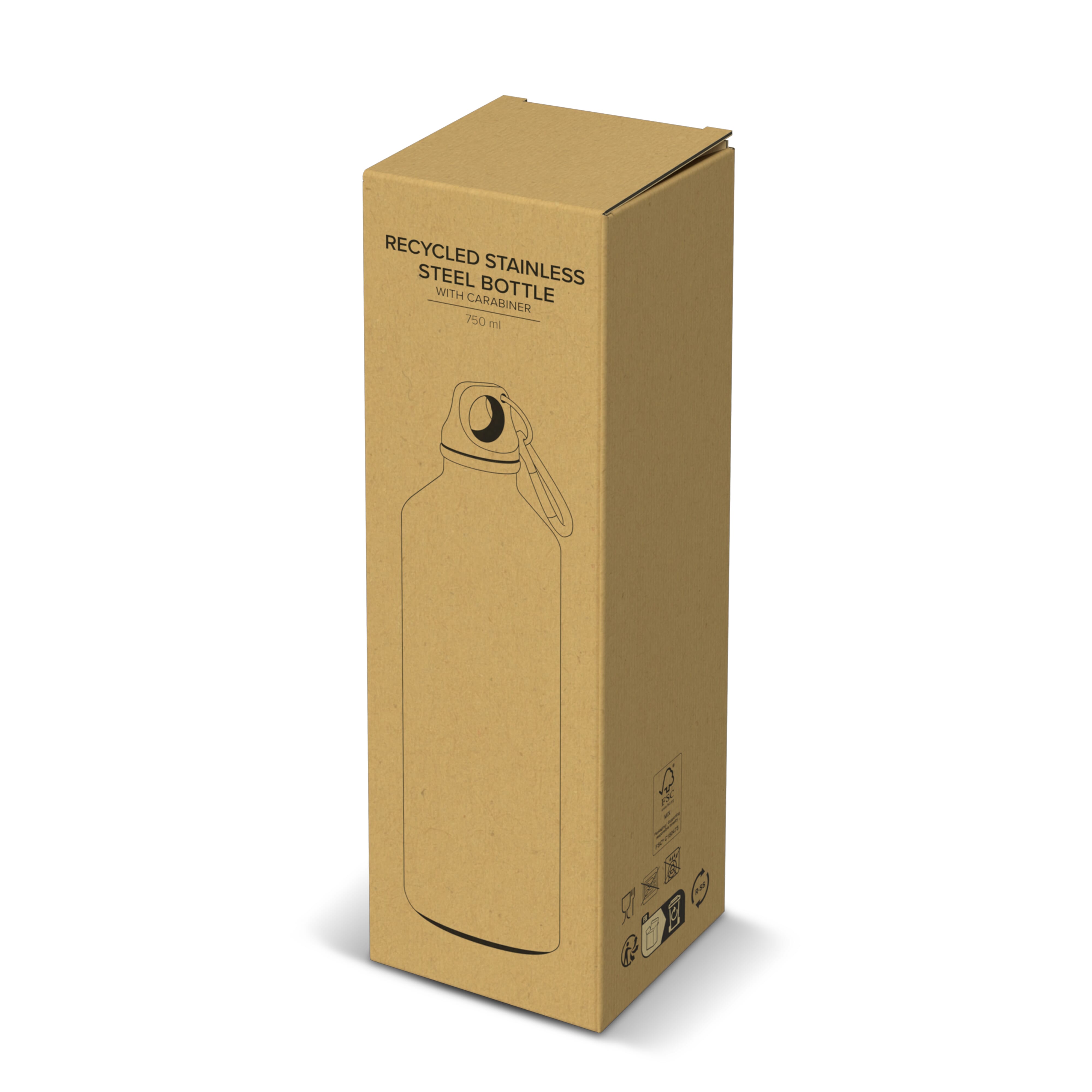 Edelstahl-Trinkflasche 750ml einwandig mit Karabiner, recycelt