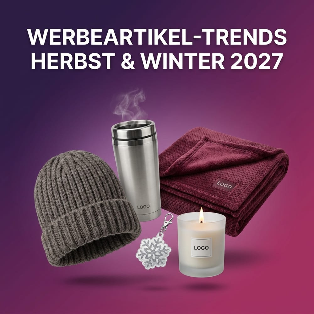 Werbeartikel-Trends für Herbst und Winter – Strickmütze, Thermobecher, Fleecedecke, Reflektor-Anhänger und Duftkerze mit neutralem Logo-Druck, winterlich arrangiert