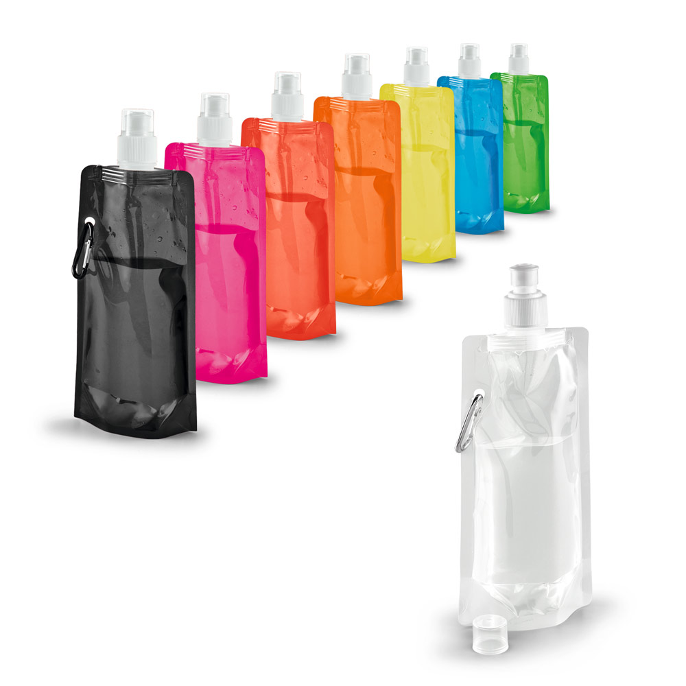 Faltflasche PE 460 ml bedruckbar – Trinkflasche mit Karabiner & Push-Pull